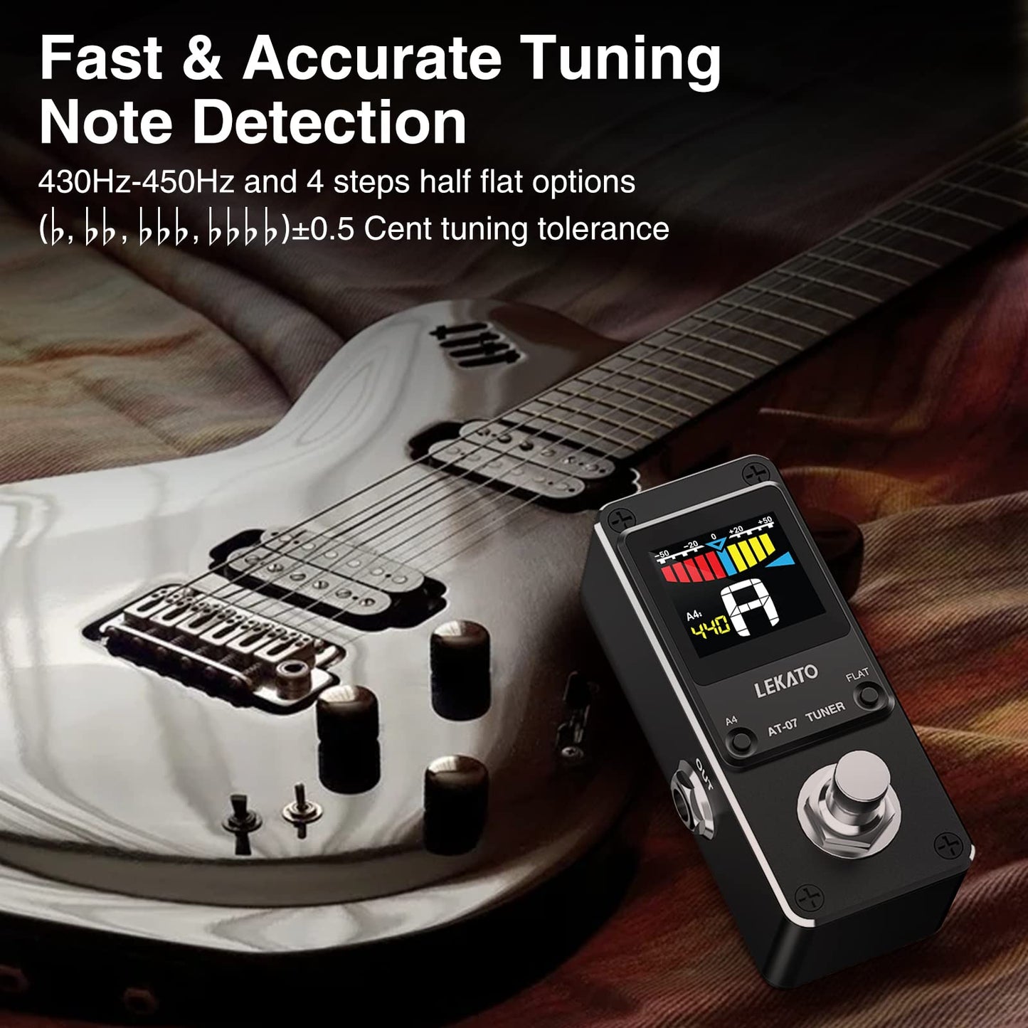Guitar Tuner Pedal with True Bypass, Tuner for Electric Guitar and Bass, Color Display Tuner Pedal with Mute, Pitch and Flat Tuning