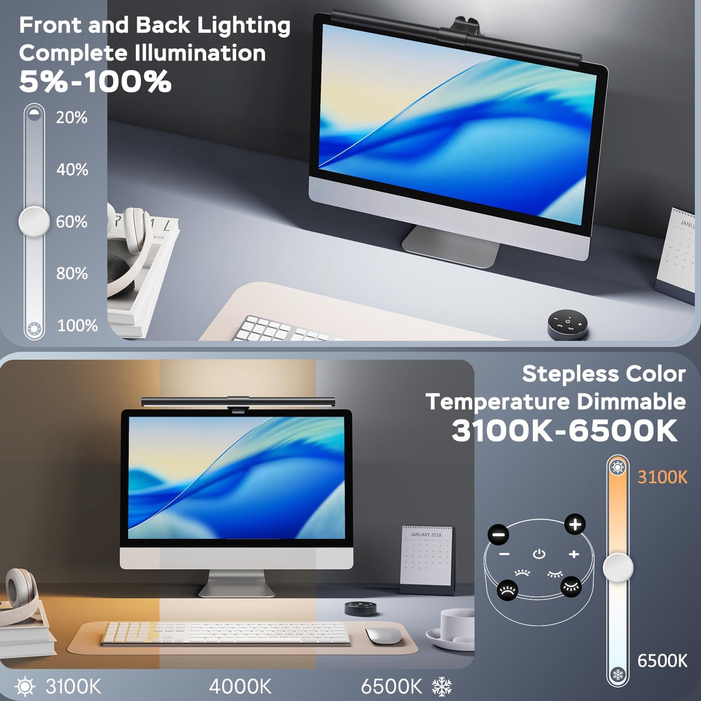 OOWOLF Monitor Light Bar with Remote, Ra95 Computer Monitor Lamp for Eye Caring, USB Reading Lamp Task ：Lamp, Dimmable Light Bar with Backlight, No Glare Space Saving Home Office 16.14" 1-Pack