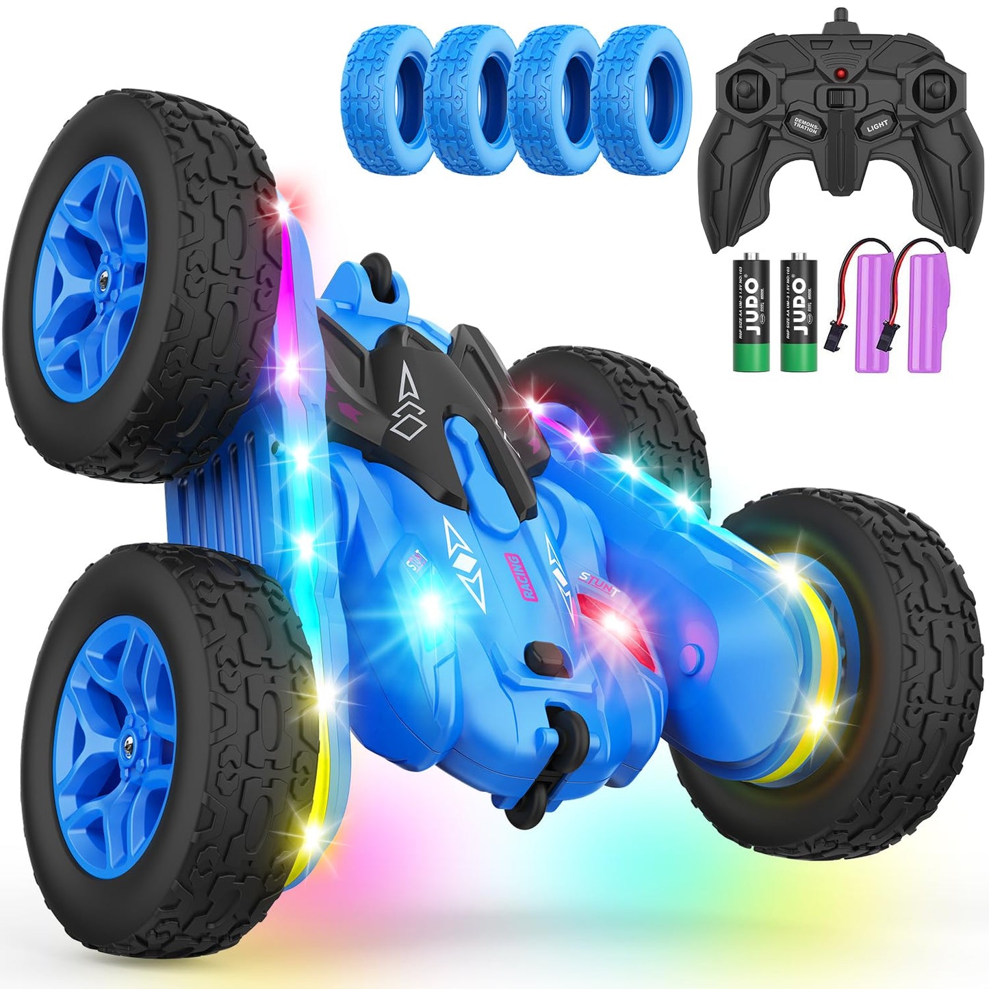 Terucle Remote Control Car, Rc Cars Stunt Car Toys New Upgraded Strip Lights and Headlights Car Toys Double-Sided 360° Rotating 4WD Rc Drift Truck for Boys Girls Birthday Gift (Blue)