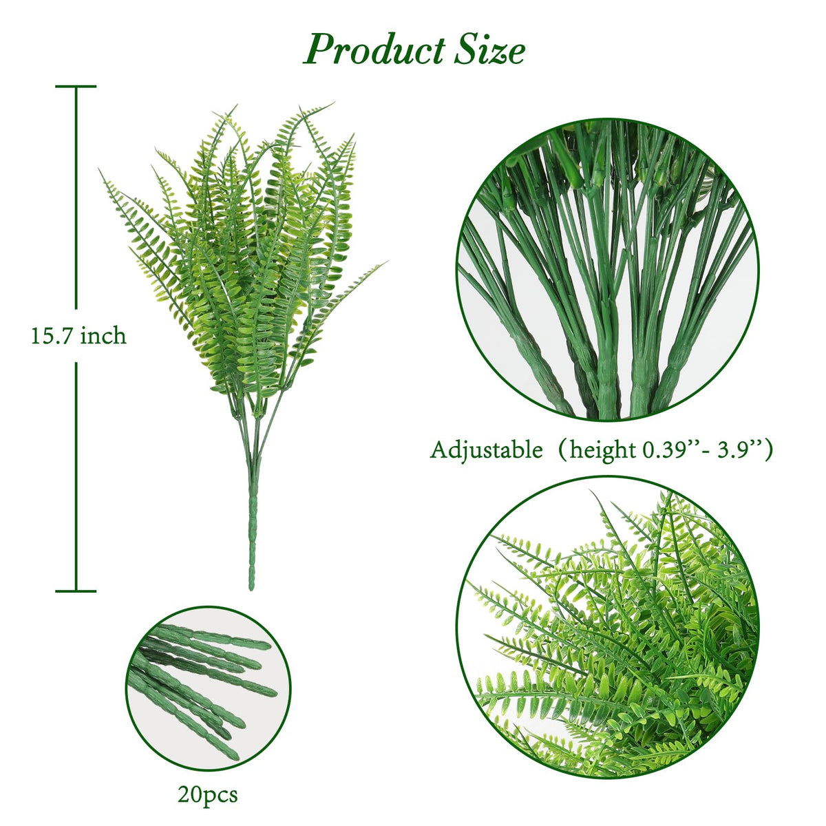 KHOYIME 20 Bundles Artificial Plants Outdoor Indoor Fake Boston Fern Bushes, Faux Plastic Greenery Shrub Green Stem Plant Bulk UV Resistant Outside Spring Summer Decor for Home Garden Porch Window Box