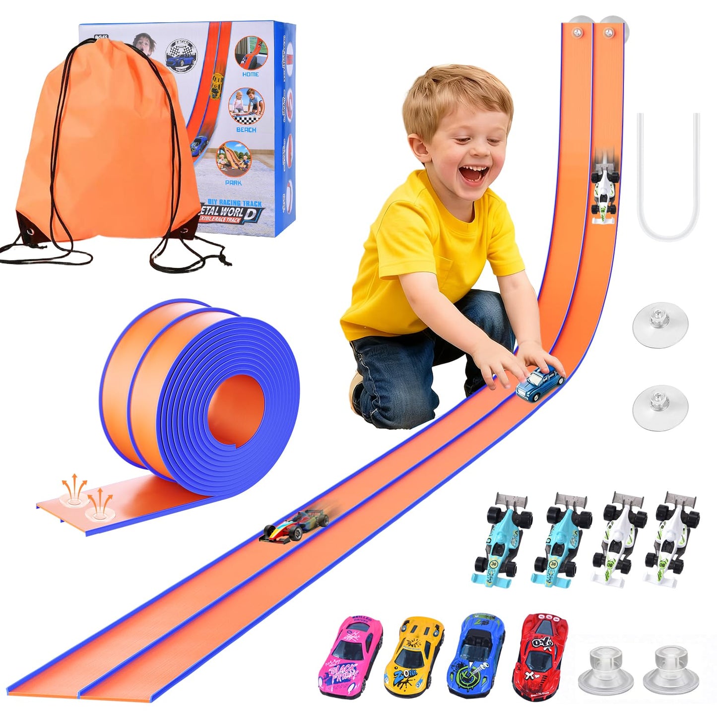 Flexible Race Track for Kids, Portable Flex Track with 4 Strong Suction Cups & 8 Scale Diecast Cars, Flexible Car Tracks for Kids, A Great Birthday Gifts for Boys & Girls Aged 3+ (Orange and Blue)