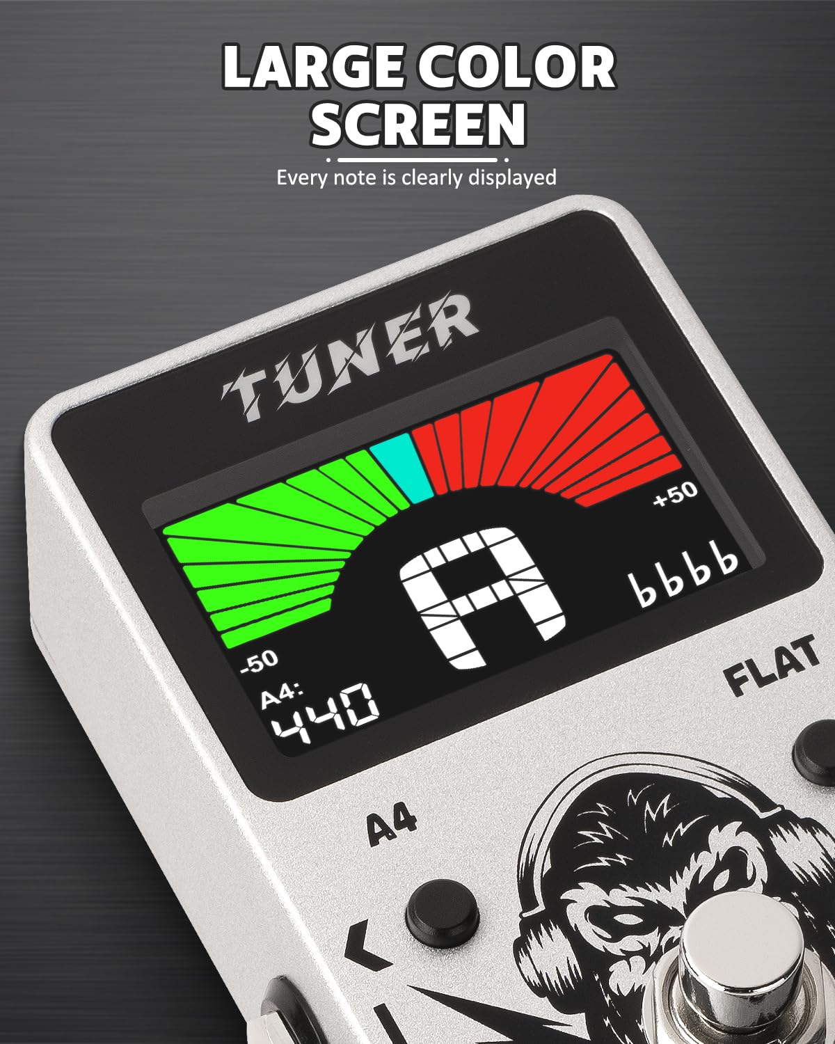 STRICH Guitar Tuner Pedal with Large Color Screen, Precision Chromatic Drop Tuning, 430-450Hz A4 for Electric Guitar, True Bypass, Silver
