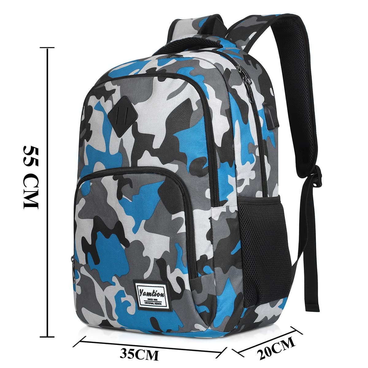 YAMTION 17 Inch School Backpack for Teen Boys,Travel Laptop Bookbag for High School College Backpack with USB,Camouflage Blue