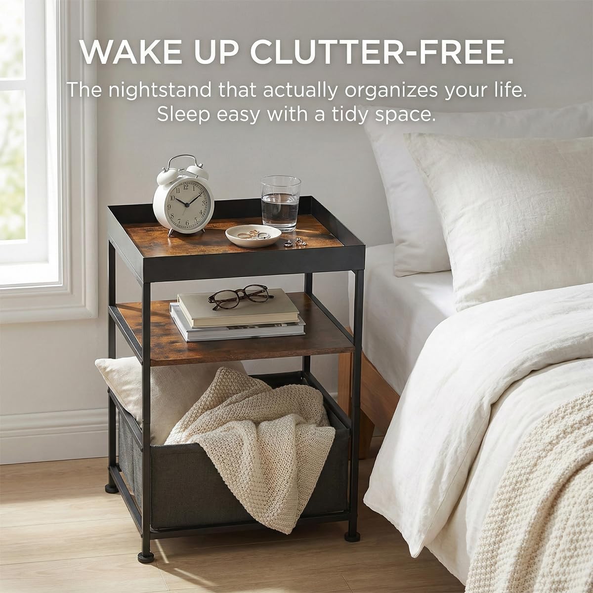 ZEXVIDA Industrial Narrow Side Table with Storage, 3 Tier End Table with Fabric Bin & Tray Top for Living Room, Narrow Nightstand Slim Bedside Table for Bedroom, Small Spaces, Rustic Brown