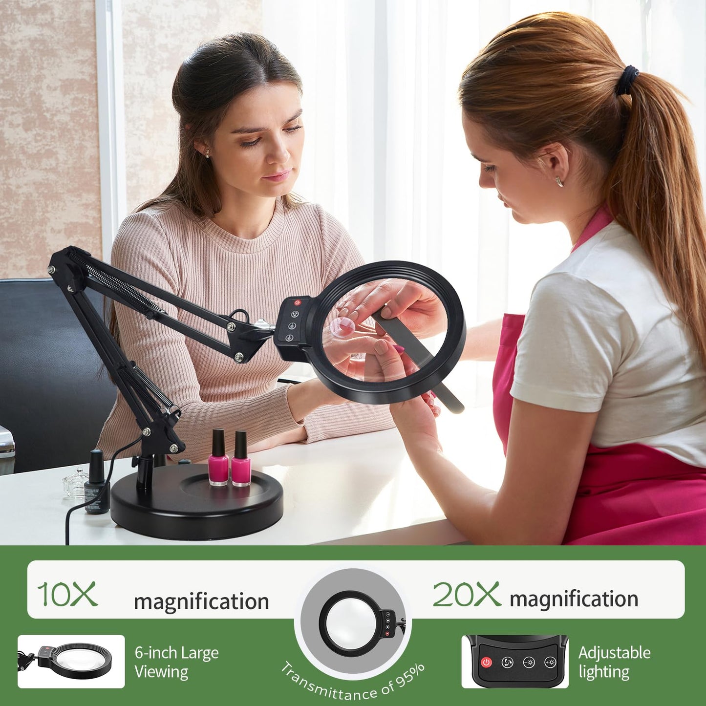 10X/20X Magnifying Glass with Light and Stand, LED Desk Lamp with Base and Clamp, 3 Color Mode, 10 Dimmable Levels Desktop Magnifier, Hands Free for Reading Crafts Jewelry Sewing Close Work