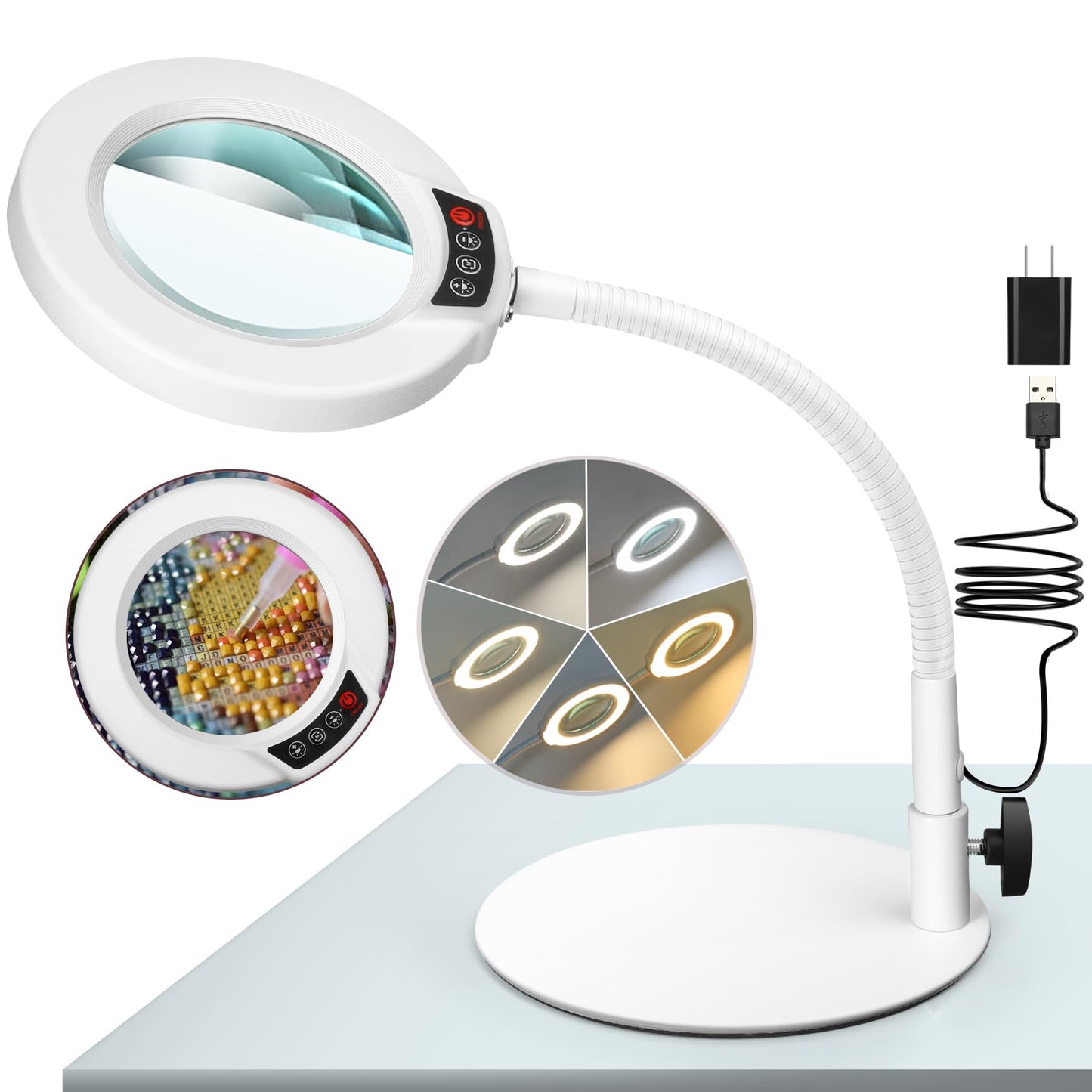 12X Magnifying Glass with Light and Stand, 5 Color Modes Stepless Dimmable LED Desk Lamp, Hands-Free Flexible Gooseneck Lighted Magnifier for Close Work Craft Hobby Painting Sewing - White