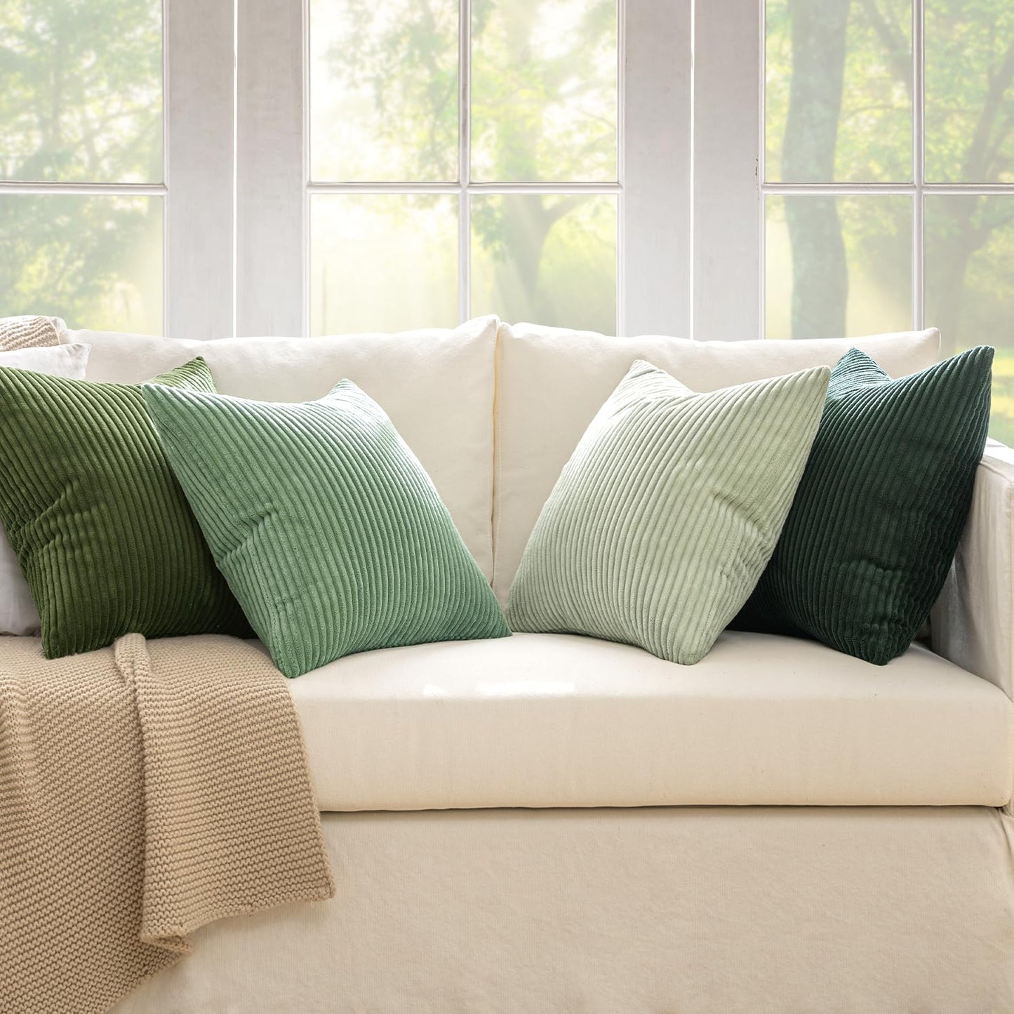 MIULEE Pack of 4 Green Corduroy Decorative Throw Pillow Covers 18x18 Inch Soft Boho Striped Pillow Covers Modern Farmhouse Home Decor for Sofa Living Room Couch Bed