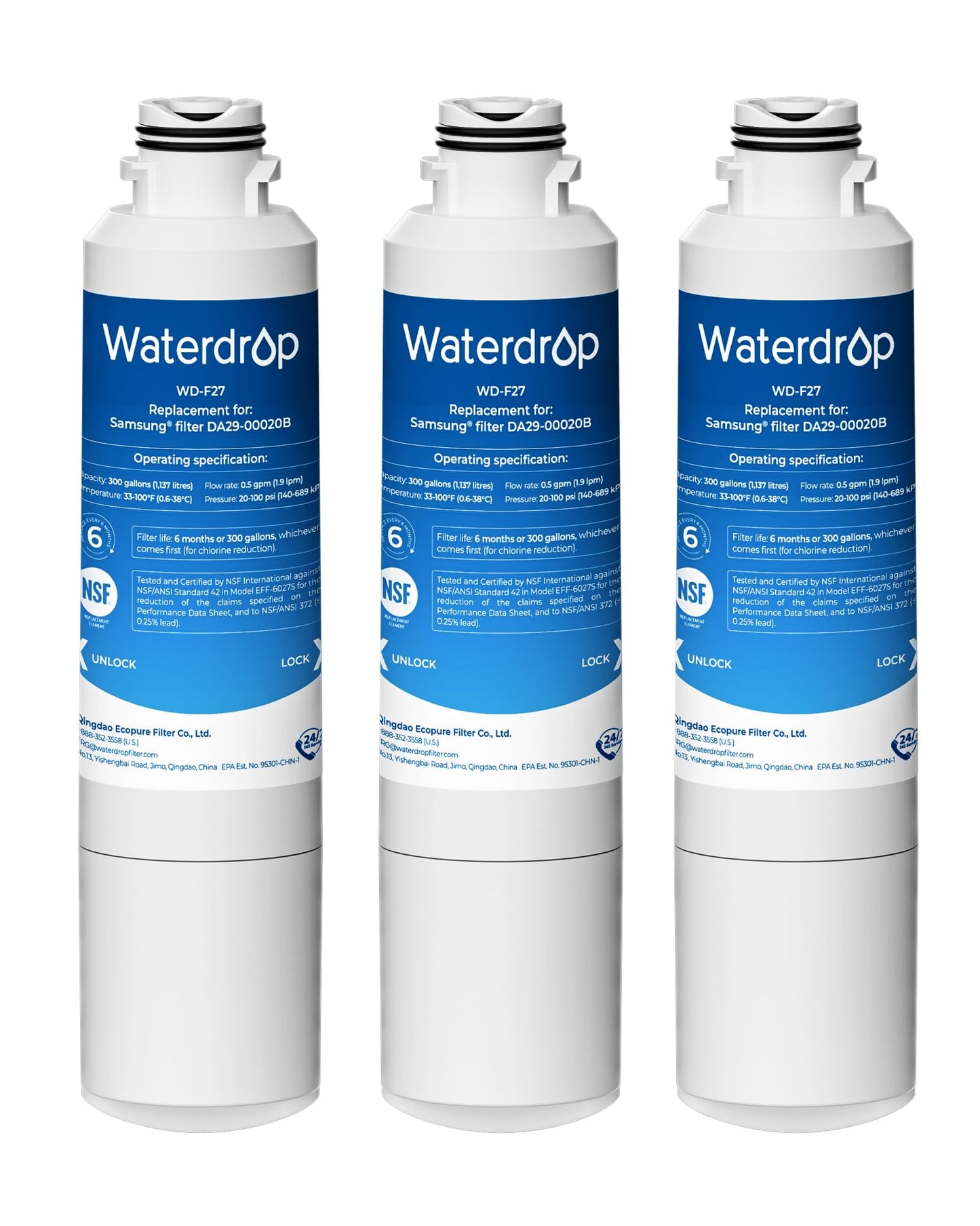 Waterdrop WD-F27 Replacement for Samsung® Refrigerator Water Filter HAF-CIN/EXP, DA29-00020B, HAF-CIN, RF28HMEDBSR, RF263BEAESR, RS25J500DSR, RF263TEAESG, HDX FMS-2, DA97-08006A-1, 3 Pack