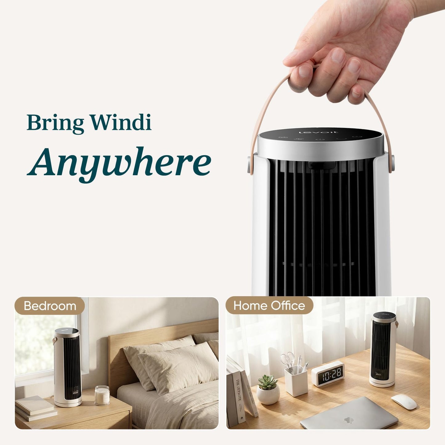Levoit Mini Tower Fan for Bedroom, Quiet Cooling Desk Fan with Upgraded DC Motor, 20dB Ultra Silent, Portable Small Standing Fan with 5 Speeds, Multi‑Angle Oscillation, Remote & 12H Timer, Windi