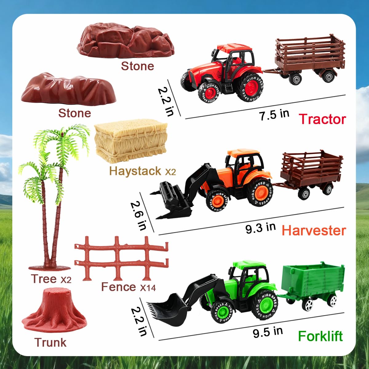 3 Pack Farm Toy Tractor with 40pcs Plastic Farm Animals Figurines and Fence Farm Playset, Farm Figures Farmer Vehicle Toy Truck with Trailer for Kids Boys Girls Toddlers