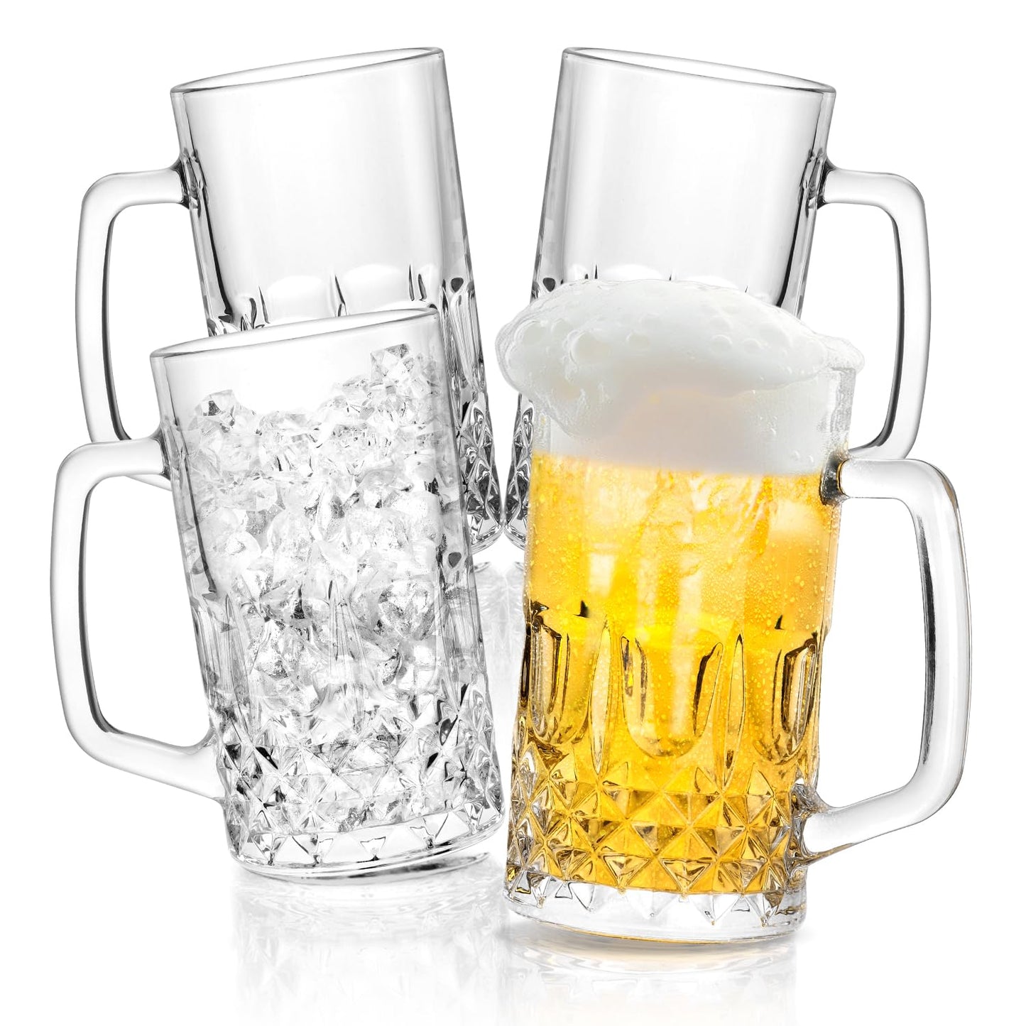 Whisquor Beer Mug Set of 4, 22oz Large Heavy Glass Beer Mugs with Handle, Clear Freezer Beer Glasses for Tea, Coffee, Best Gifts for Husband or Friend