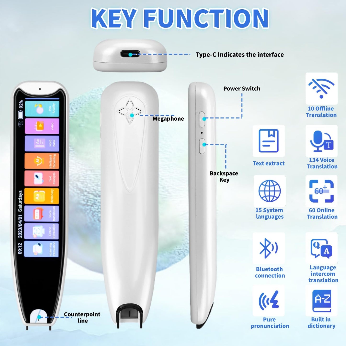 Scan Reader Pen for Dyslexia & Language Translation – 142 Languages Text-to-Speech OCR Translator Device with Voice Recording & Touchscreen, Ideal for Elderly, Kids, Students (White)