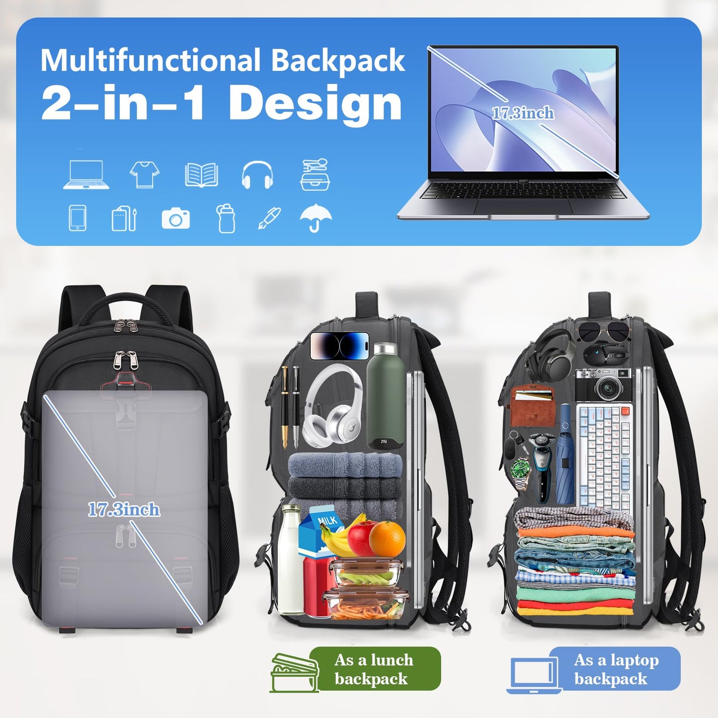 RAINSMORE Lunch Backpack 17.3 Inch Laptop Backpack for Men Women Waterproof Work Backpack with USB Charging Port for School Travel Business Black