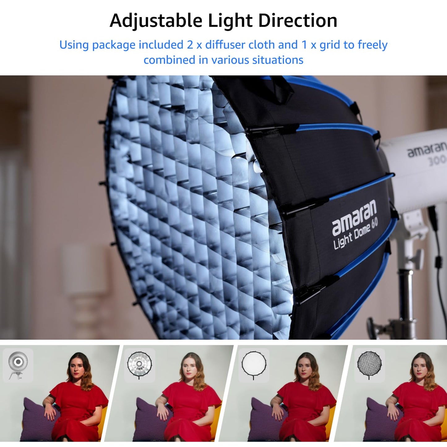 Amaran Light Dome 60 Softbox, Universal Bowens Mount, 60cm (2ft) Circular, 16-Sided, Quick-Release, Includes Diffusion & Control Grid, Carrying Bag