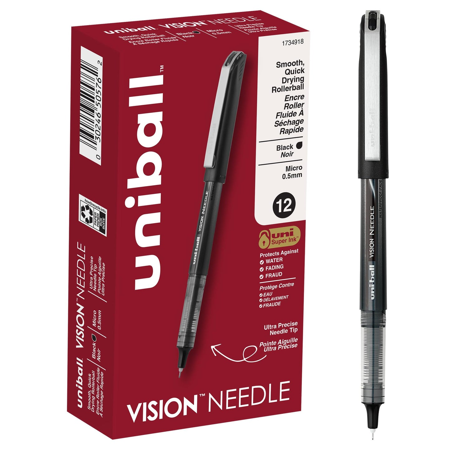 uni-ball VISION NEEDLE Rollerball, Stick Roller Ball Pen Micro-0.5mm, 12 Pack, Black Ink (1734918)
