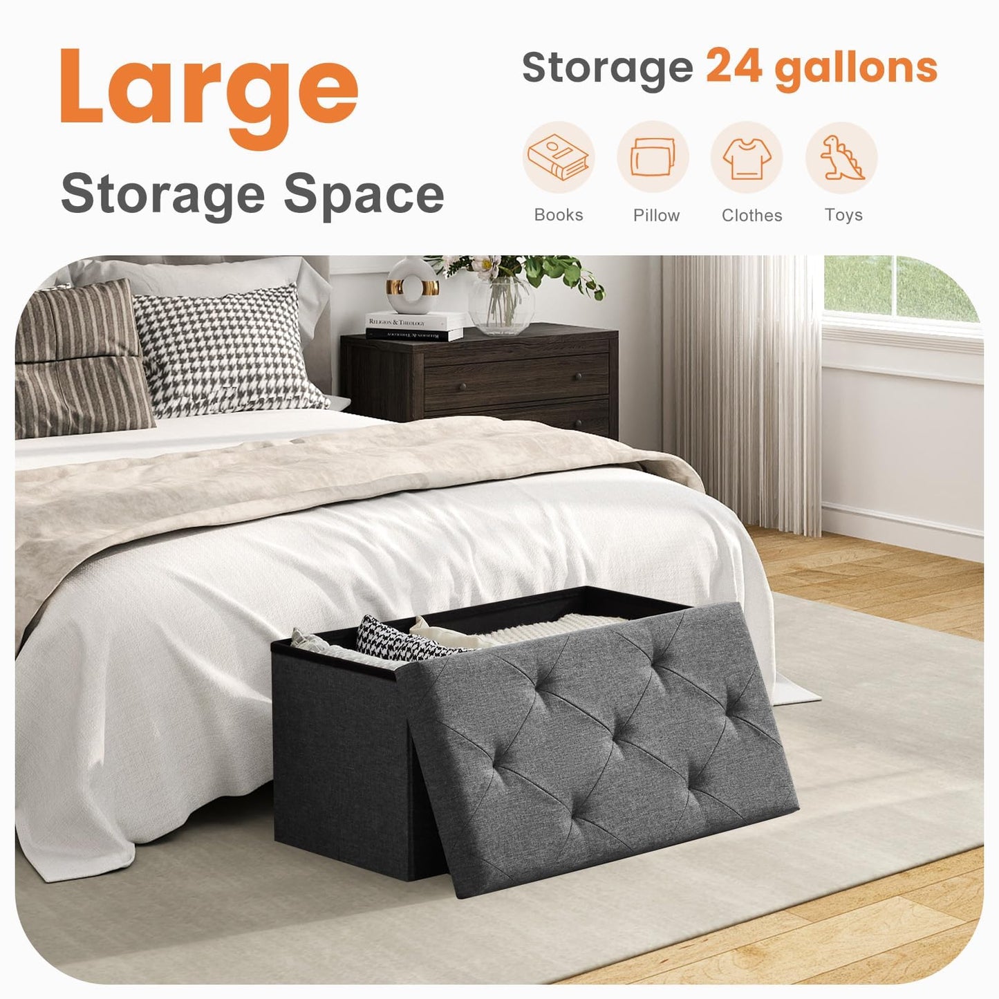 Sweetcrispy Folding Storage Ottoman Bench, Light Grey, Entryway Bench for Living Room, Ottomans with Storage for Bedroom, Heavy Duty 660 lbs Load Capacity, Linen Footrest Seat