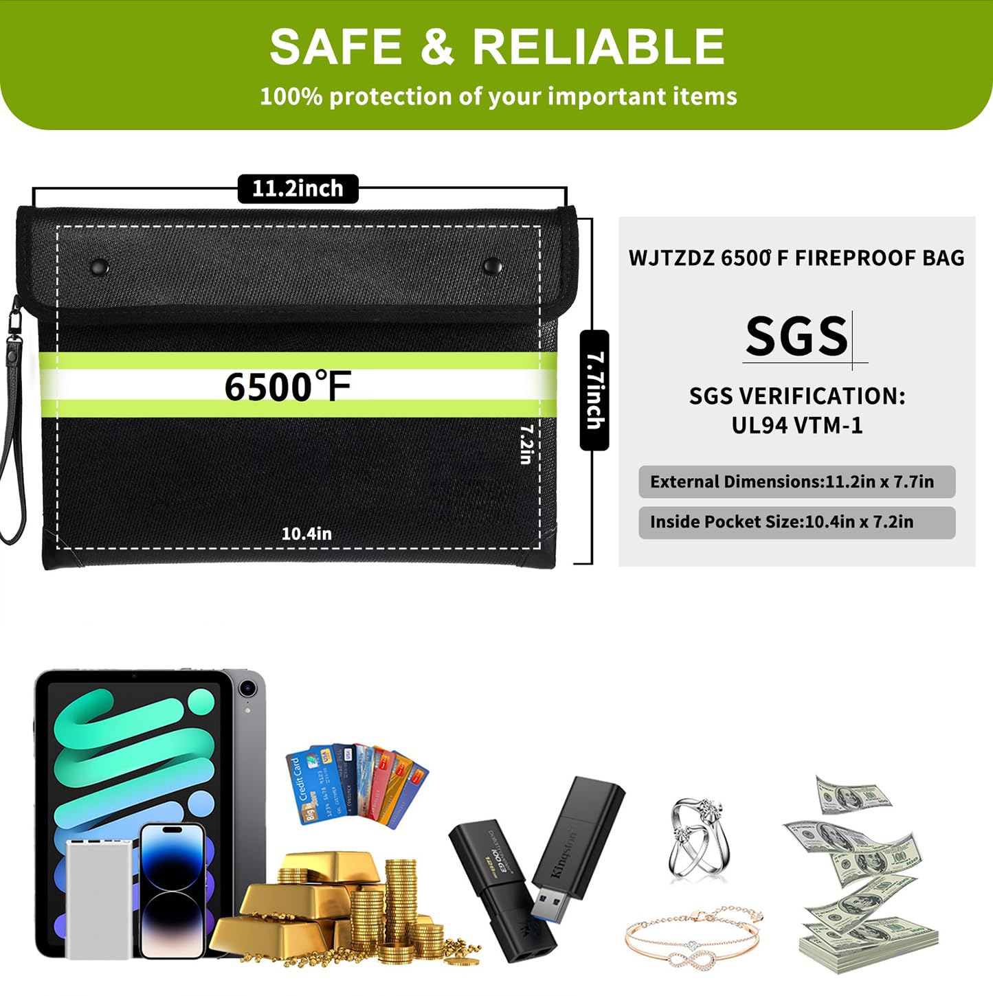 6500°F Fireproof Money Bag,Upgraded Fireproof Document Bag with Waterproof Zipper,10 Layers Heat Insulated Materials/Reflective Strip with Handle for Important Documents（11.2"x7.7"）