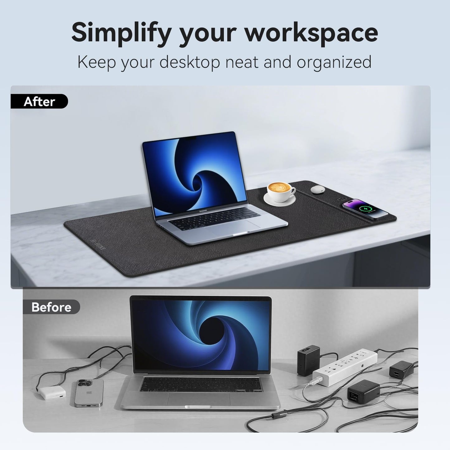 Wireless Charging Mouse Pad, 31.5"x11.7" XL Large Office Desk Pad with Ultra-Smooth Surface,Non-Slip Base, Classic Black Waterproof Computer Desk Mat for MacBook, PC, Laptop
