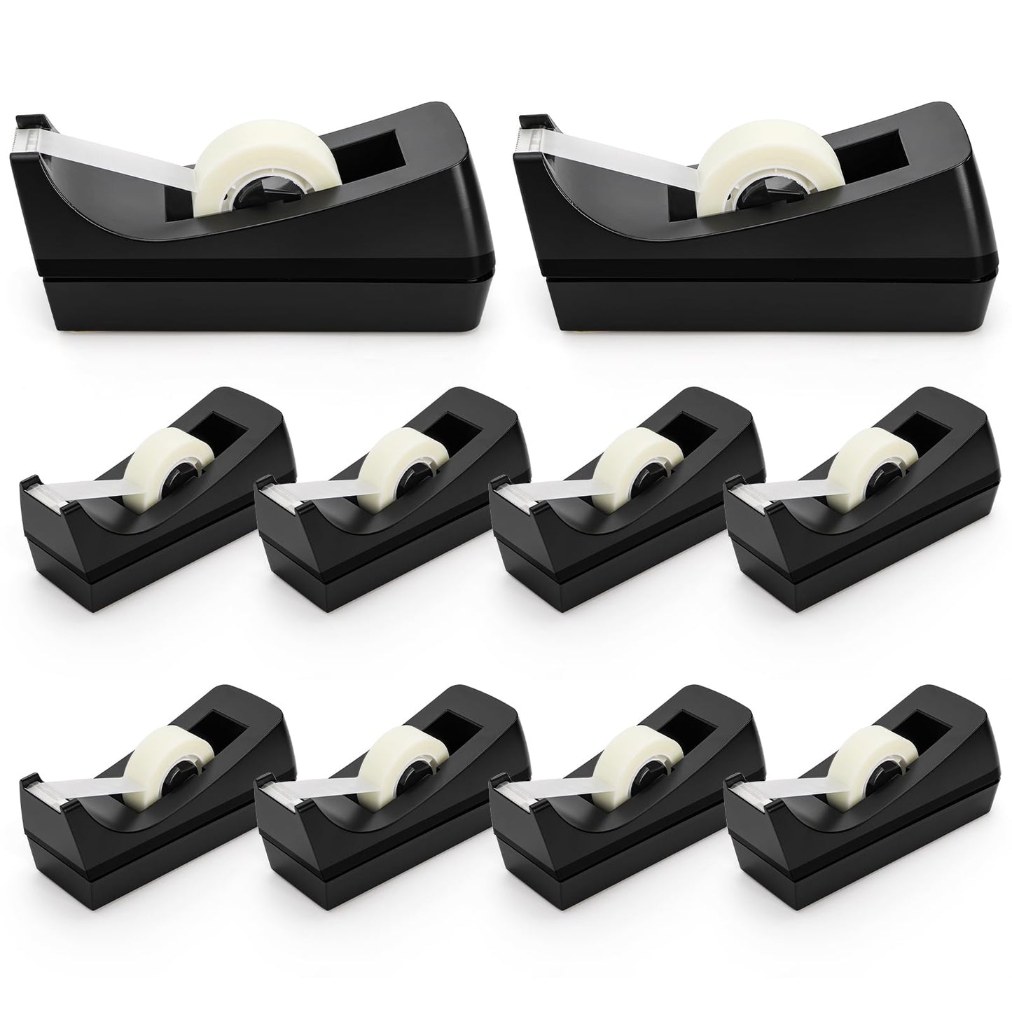 Suwimut 10 Pack Desktop Tape Dispenser, 1 Inch Core Tape Dispensers with 10 Rolls Invisible Tapes Refills, Non Skid Base Plastic Tapes Roll Dispenser Bulk for Desk Office Home School, 0.7 x 985 Inches