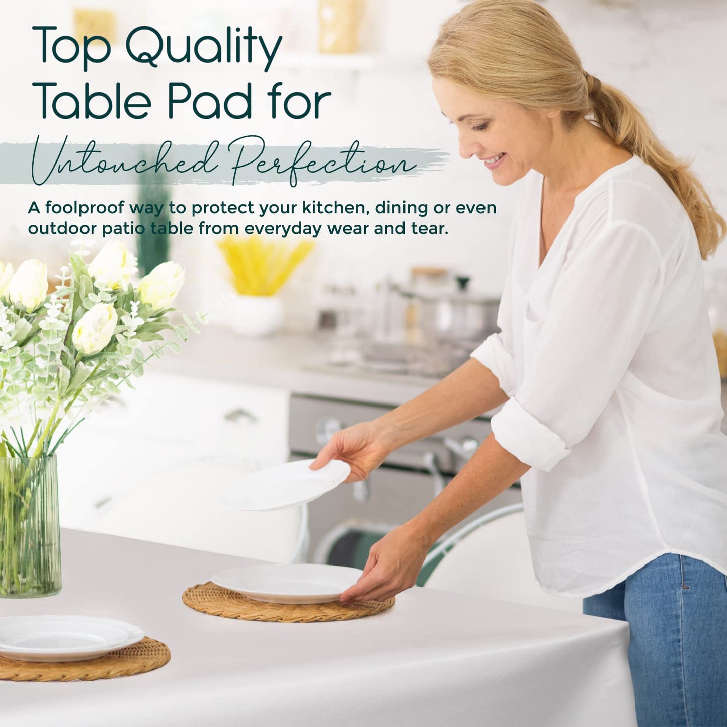 tablecloths by design - Quality Table Pad Protector, Superior Protection from Spills, Scratches & Heat - Reusable Table Cloth with Cushion Flannel Backing (90" L x 54" W)