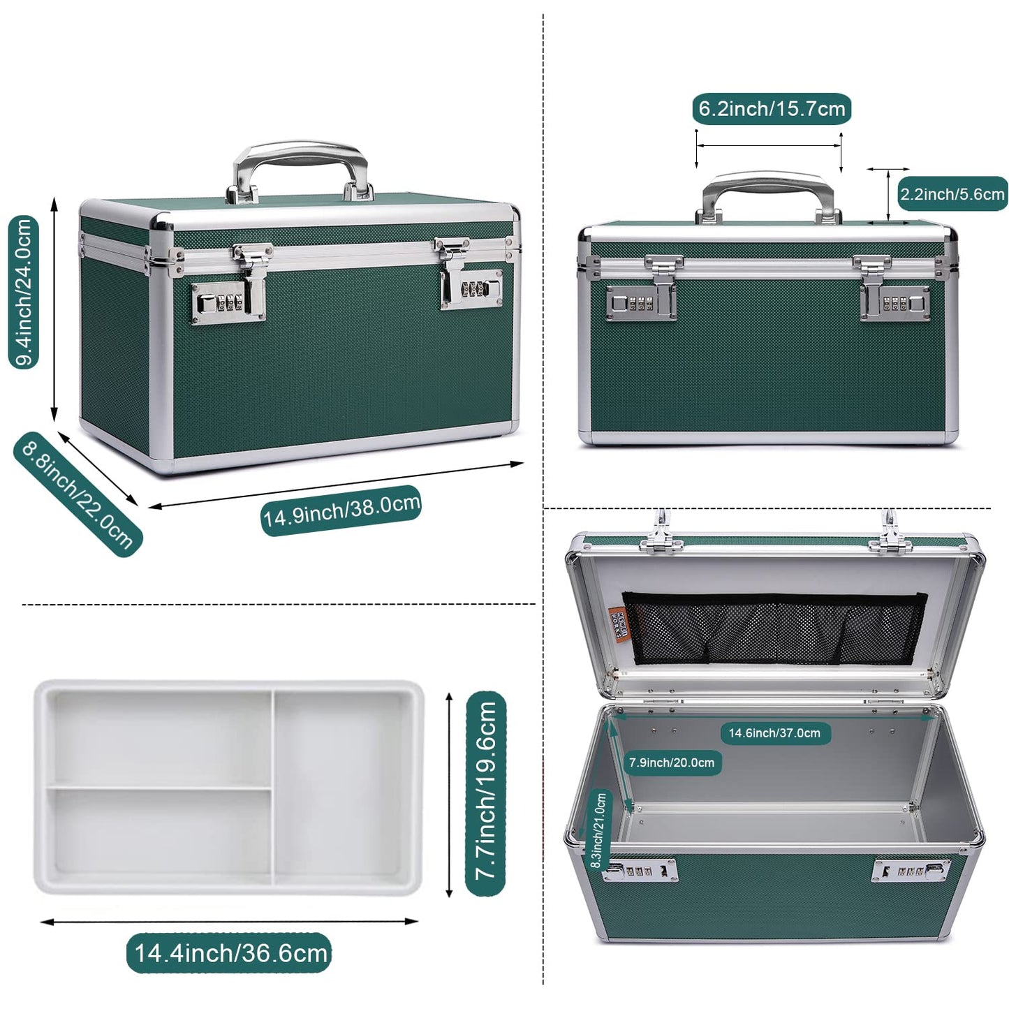 Large capacity Locking Box, Lockable Medication Box with Portable Storage Case, 38x 22x 24cm, Childproof Medicine Lock Organizer, Locked Empty First Aid Storage Case (GREEN)