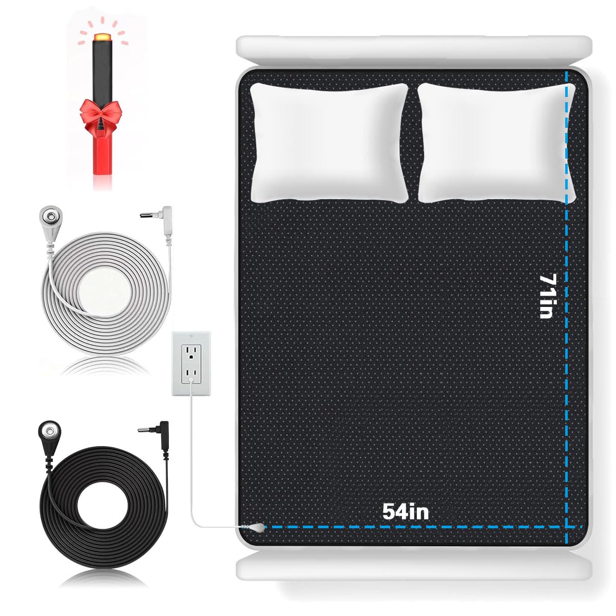 Grounding Mat for Bed with 2 Grounding Cords for Improving Sleep, Grounding Sheet for Pain & Stress Relief, Wellness, Grounding Mat for Men Women with Test Pen (54" 71" 2 Cords Pen)