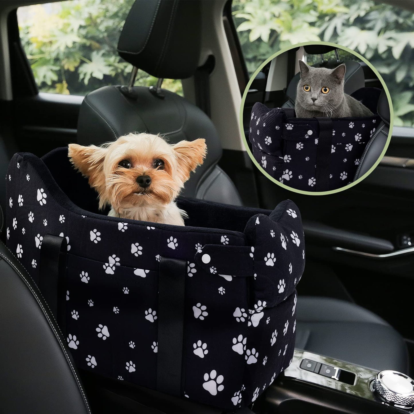 Cullaby Dog Car Seat for Small Dogs (Under 15 lbs) – Center Console Pet Carrier with Safety Belt, Storage Pockets & Removable Washable Cover (Black Car Seat)