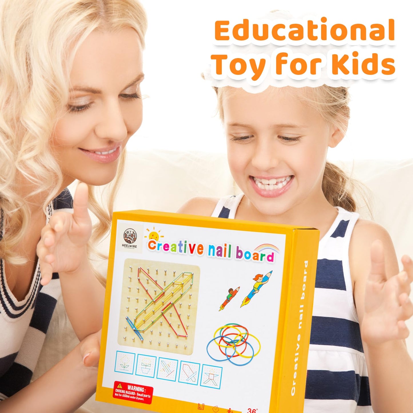 HEELWIRE 2Pack Wooden Geoboard,Montessori Toy,Graphical Mathematical Education Toy for Kids with Pattern Cards and Rubber Bands to Figures and Shapes, Brain Teaser STEM Toy Geo Board.
