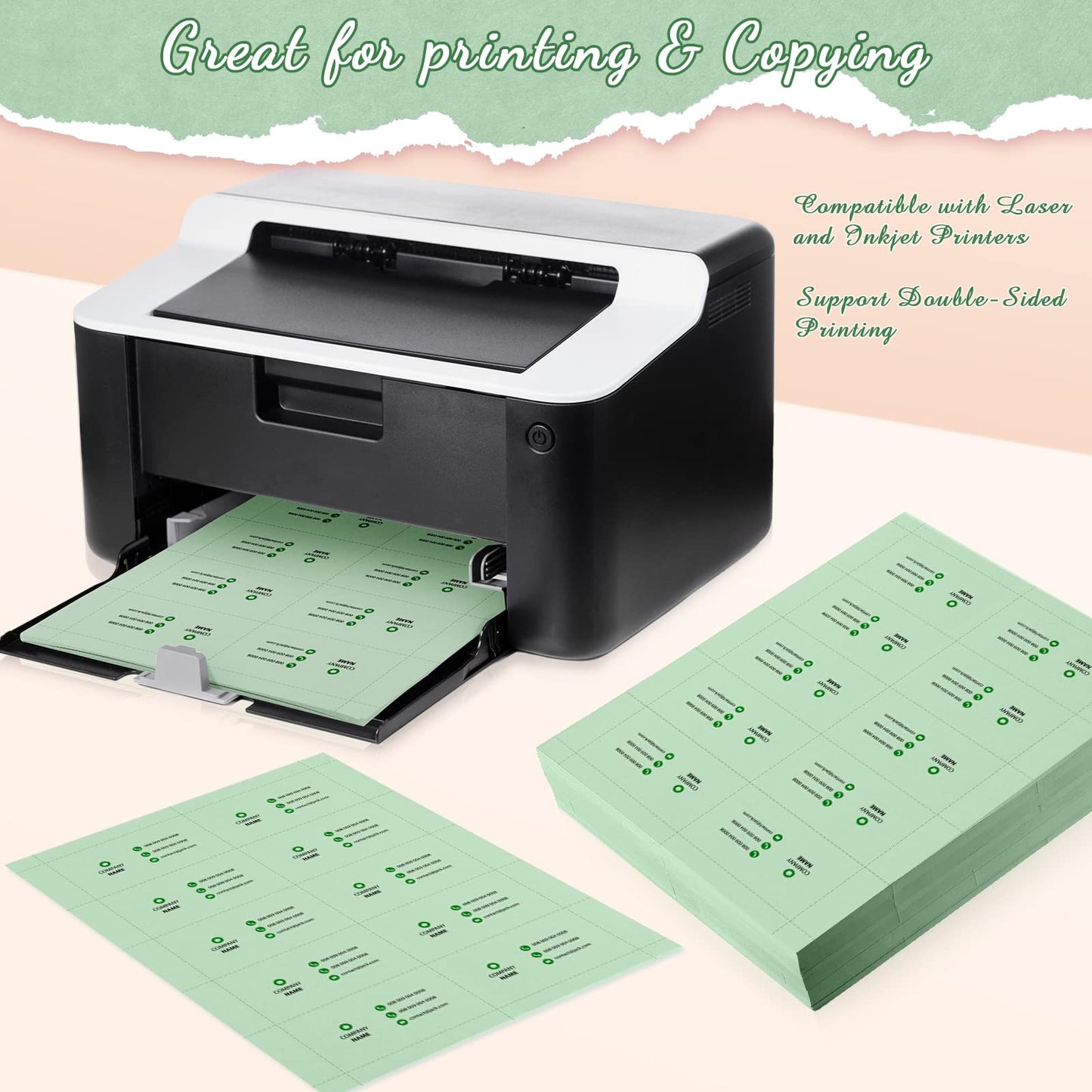 Fainne 2000 Pieces Blank Printable Business Cards Mini Note Index Perforated Card Stock Compatible with Laser and Inkjet Printer Double Sided Printing Paper 10 Cards/Sheet (Light Green)