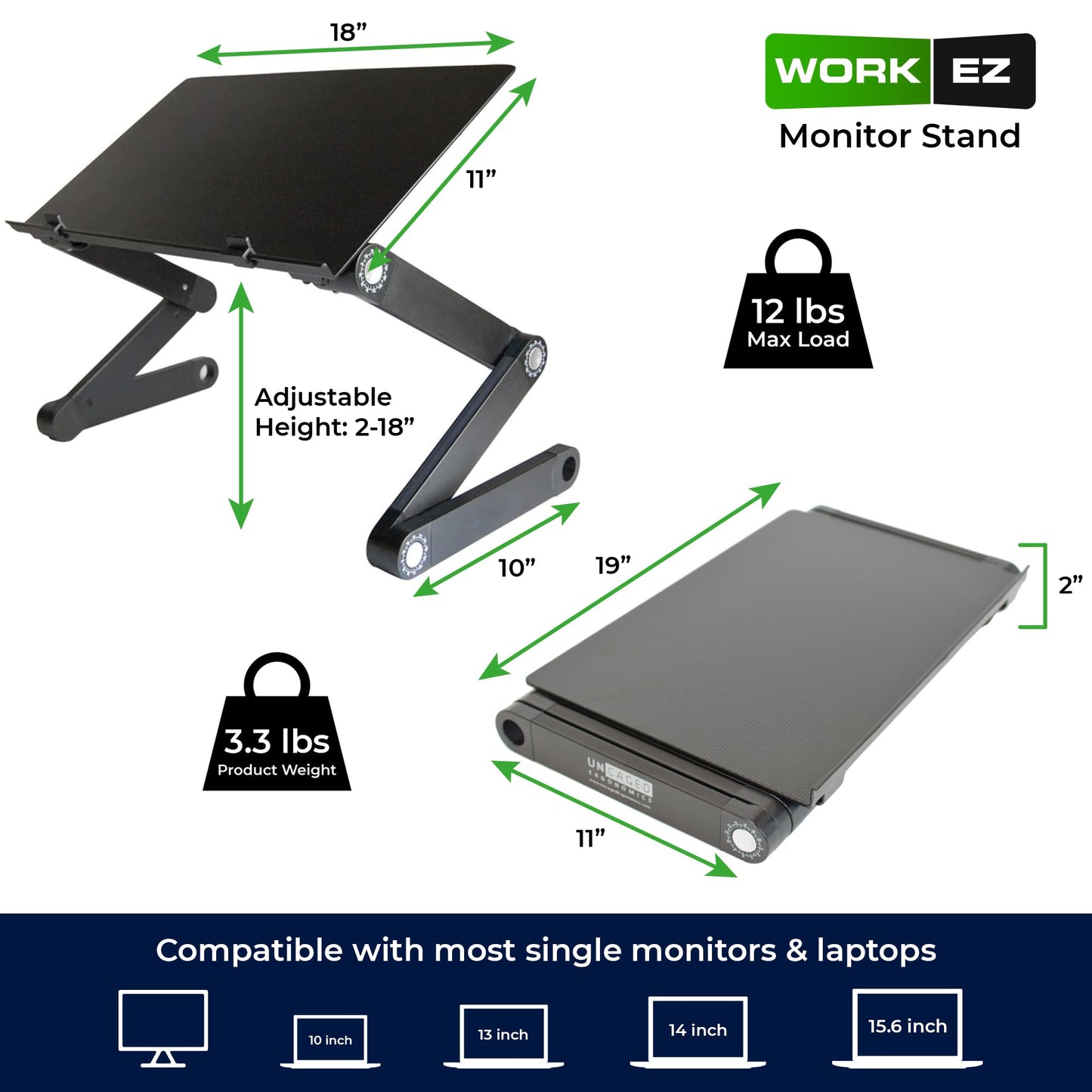 WorkEZ Monitor Stand ergonomic adjustable height angle single computer screen riser mount holder for desk pc gaming aluminum desktop organizer. No installation black