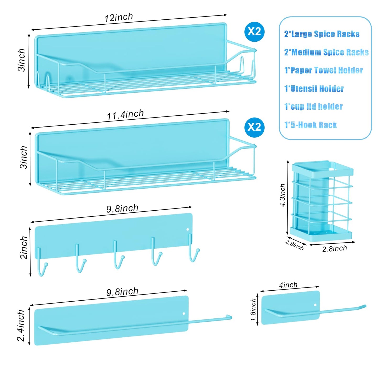 Magnetic Spice Rack for Refrigerator,8 Pack Magnetic Fridge Shelf, Moveable Spice Organizer with Hook Rack, Paper Towel Holder, Utensil Holder,cup lid holder, Super Magnetic Rack Set (Blue)