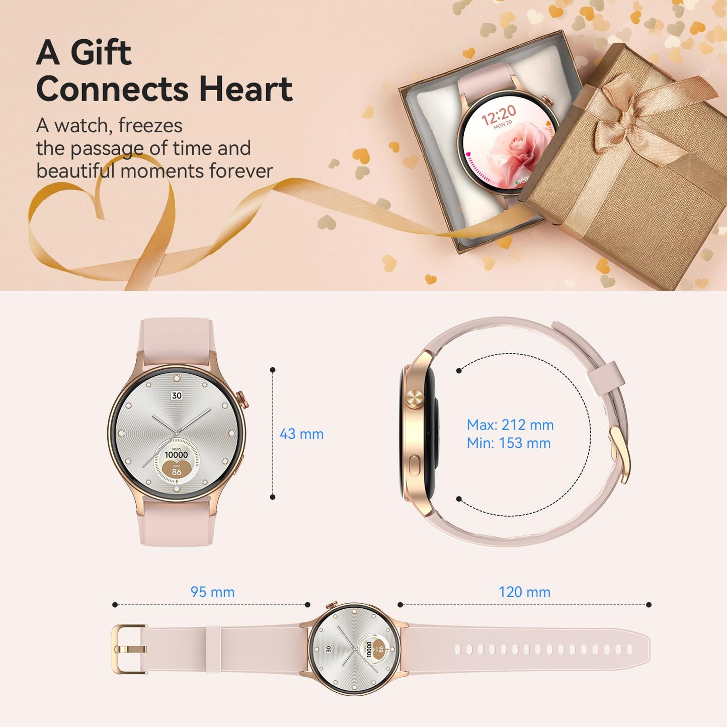 aeac Smart Watch for Women, AMOLED Ultra-Clear Screen Fitness Tracker with Step Counter/Heart Rate/Sleep/SpO2 Monitor, Waterproof Montre Intelligente Femme for iPhone/Samsung/Android（Pink）