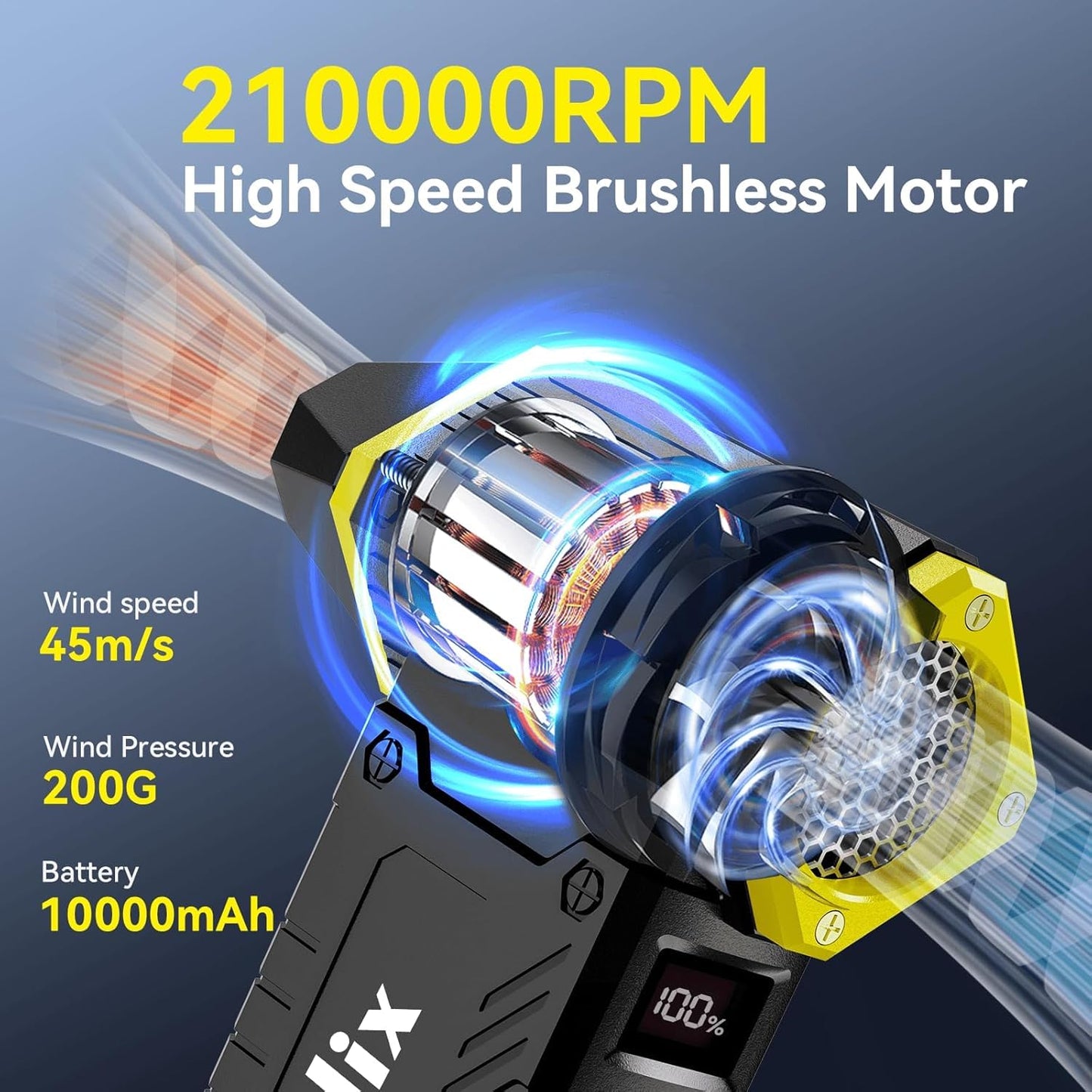Compressed Air Duster, 210000RPM 8-Gear Adjustable Electric Air Duster with LED Display, 10,000mAh Rechargeable Air Blower for Keyboard, PC, Car and Home Cleaning, Jet Dry Blower (Black-yellow2)