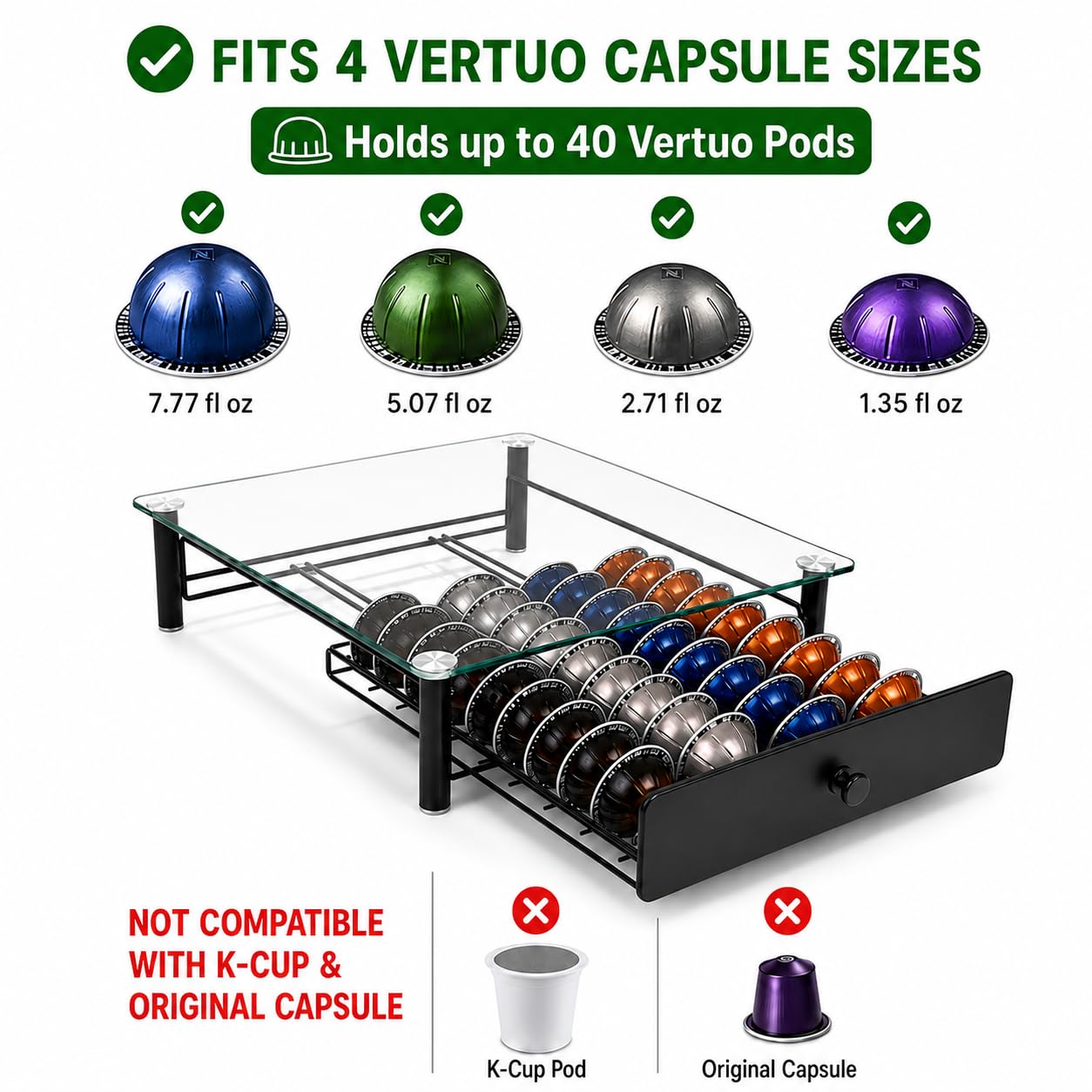 EASTSIGN Vertuo Pods Holder - Drawer Tray for 40-Vertuoline Capsules - Tempered Glass - Capsule Storage - Compatible with Nespresso Vertuoline Capsules - Pods Organizer