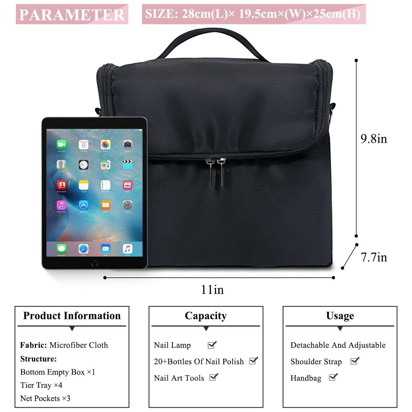 Large Makeup Carrying Train Case for Women,Black Travel Makeup Organizer Bag Storage Box,4 Tier Professional Nail Organizer Case with Adjustable Dividers for Nail Tools Jewelry MakeUp Brushes Toiletry