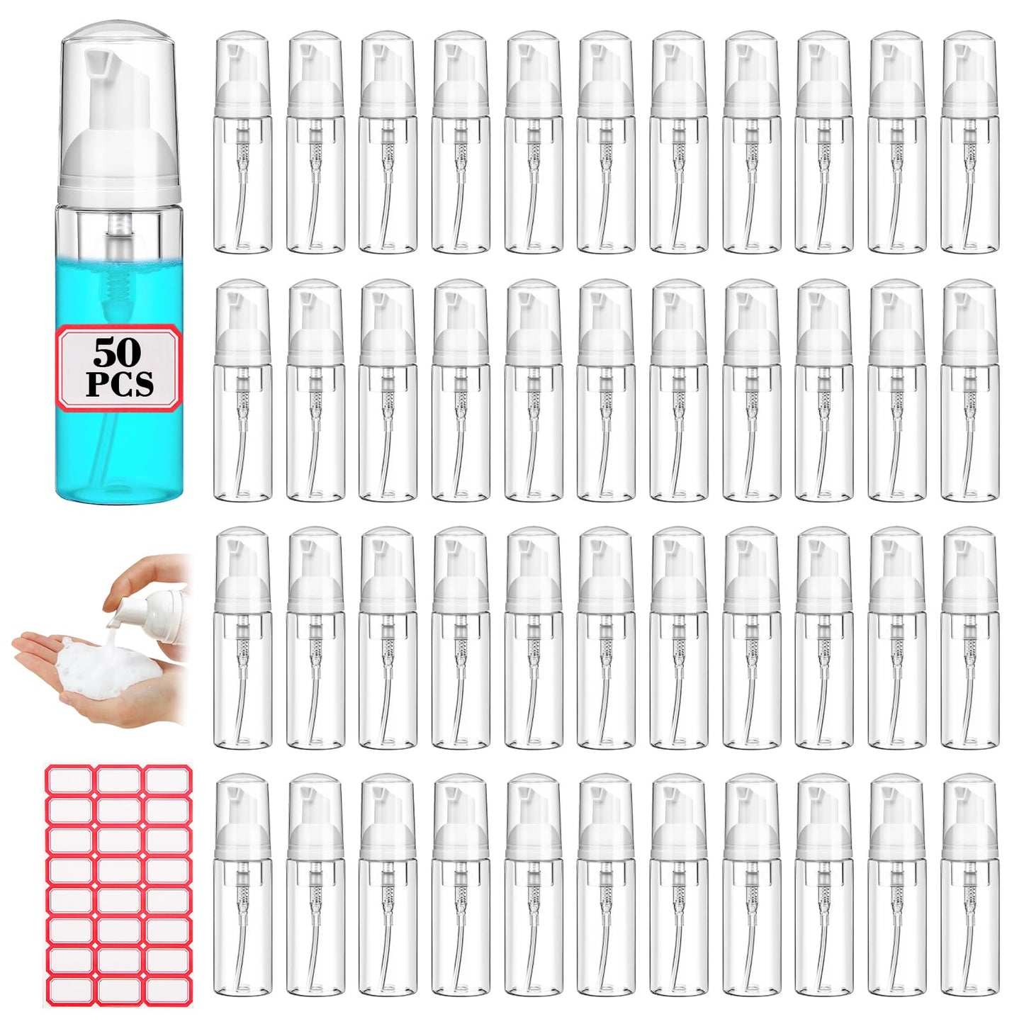 50 Pcs 2 oz Plastic Foam Pump Bottle Refillable 60ml Travel Mousse Foaming Soap Dispenser Mini Eyelash Cleaning Foam Bottle Dispenser for Face Wash Lash Shampoo Skin Care