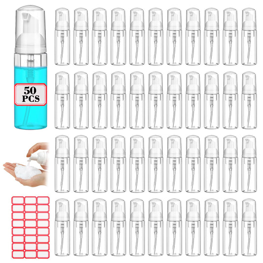 50 Pcs 2 oz Plastic Foam Pump Bottle Refillable 60ml Travel Mousse Foaming Soap Dispenser Mini Eyelash Cleaning Foam Bottle Dispenser for Face Wash Lash Shampoo Skin Care