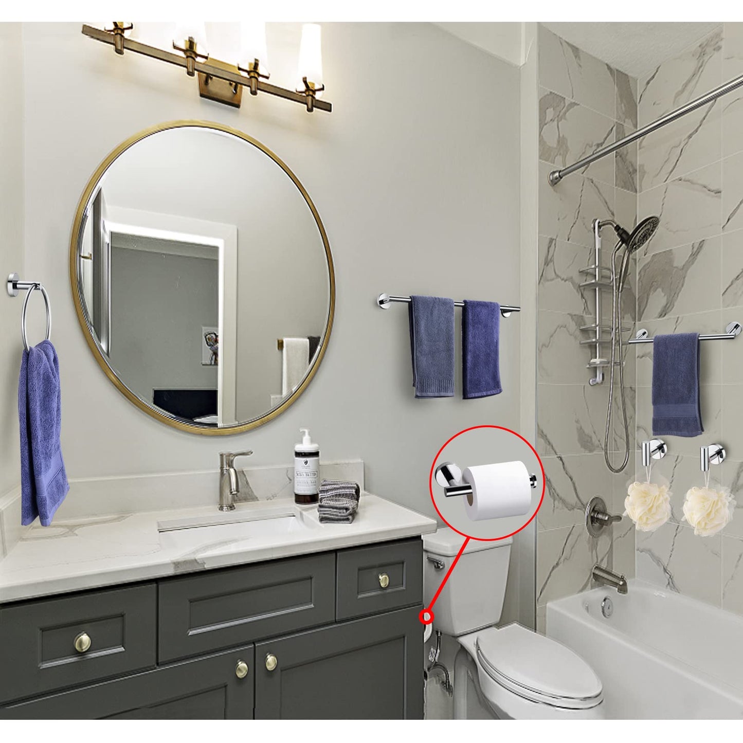 6 Pieces Polished Chrome Bathroom Hardware Accessories Set Hand Towel Ring 18&23.6 inch Round Towel Bar Silver Toilet Paper Holder Towel Hooks 2 Pieces SUS 304 Stainless Steel,Heavy Duty,Wall Mounted…