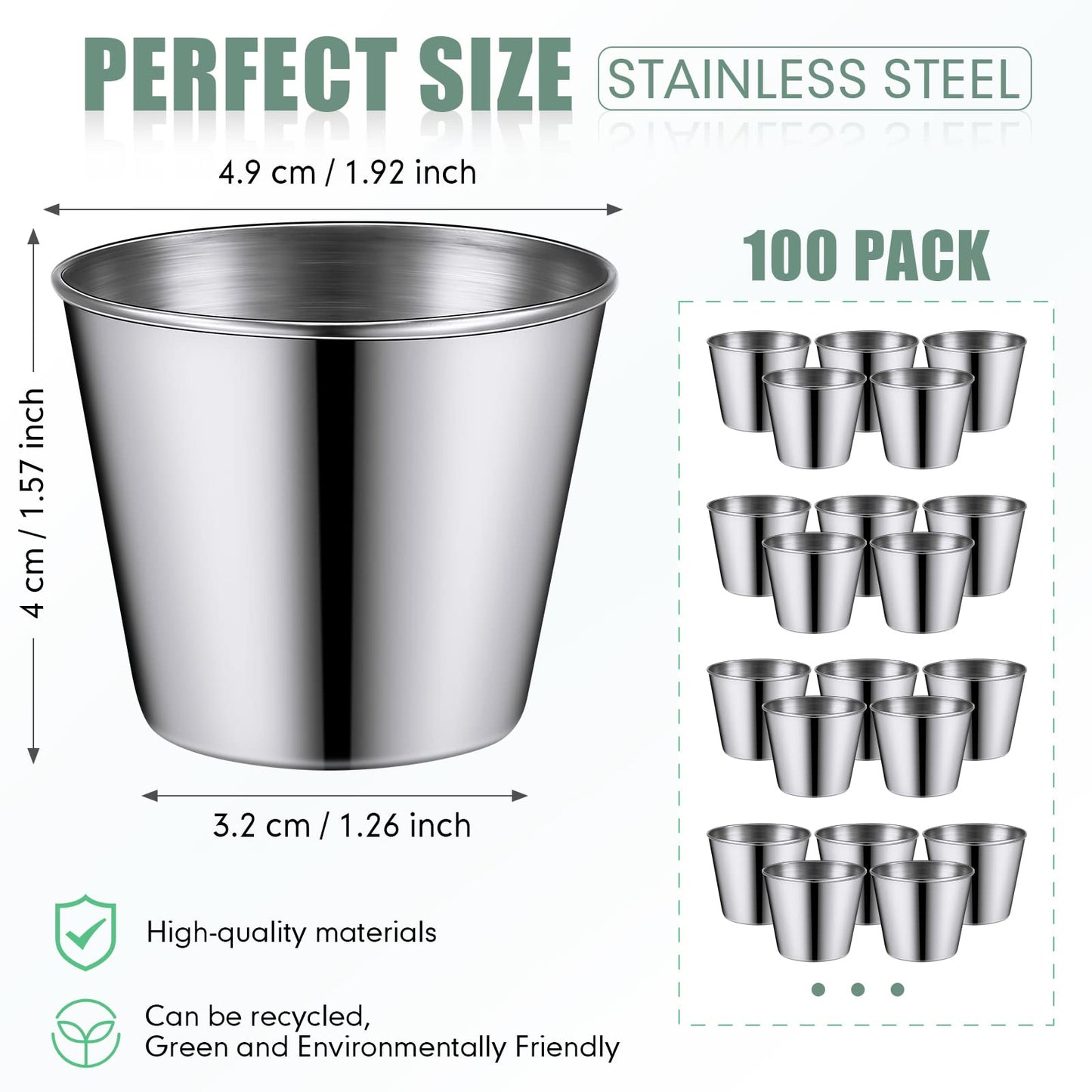 100 Pieces 1.5 oz Metal Ramekins Dipping Sauce Cups Stainless Steel Condiment Cups Small Metal Ramekins for Kitchen Restaurant Camping BBQ Party Seafood