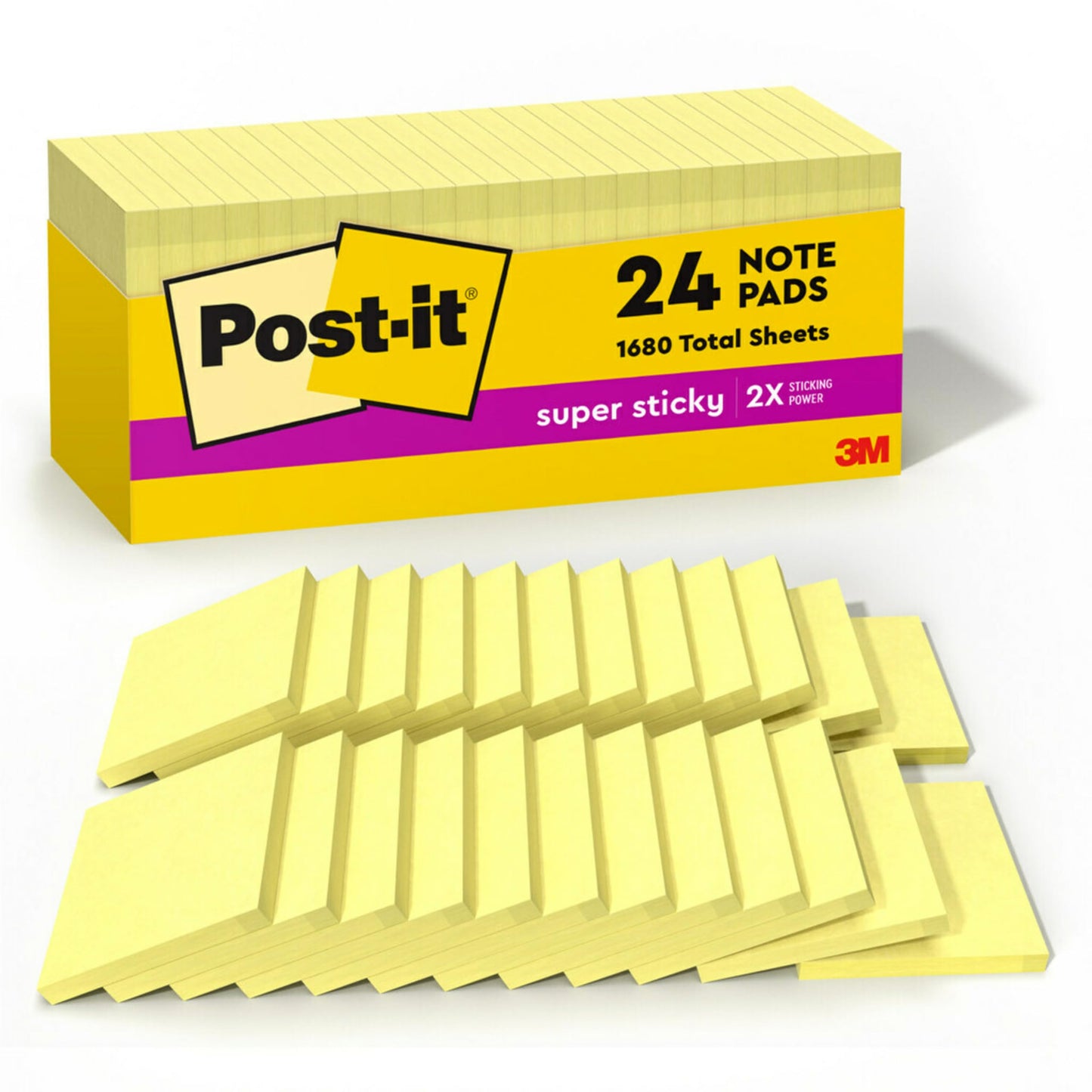Post-it Super Sticky Notes, 24 Sticky Note Pads, 3 x 3 in., School Supplies for Students, Ideal for Textbooks, Notebooks, Walls and Vertical Surfaces, Canary Yellow