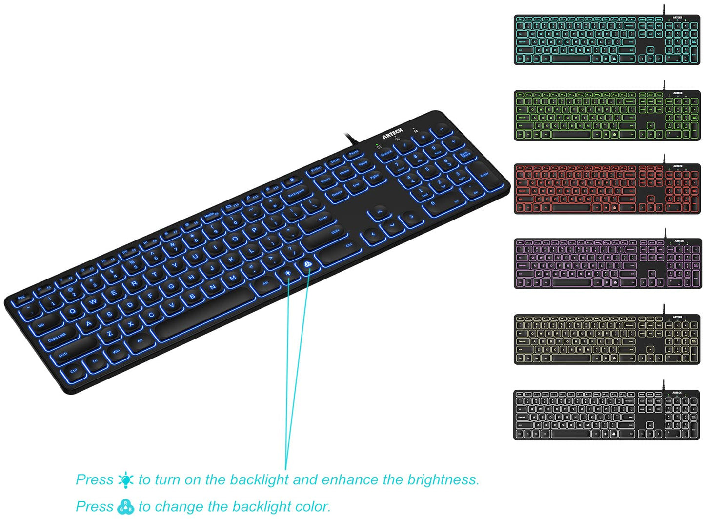 Arteck USB Wired Keyboard Universal Backlit 7-Colors & Adjustable Brightness Full Size Keyboard with 4 Feet Wire, Numeric Keypad and Media Hotkey for Computer Desktop PC Laptop and Windows 11 10 8 7