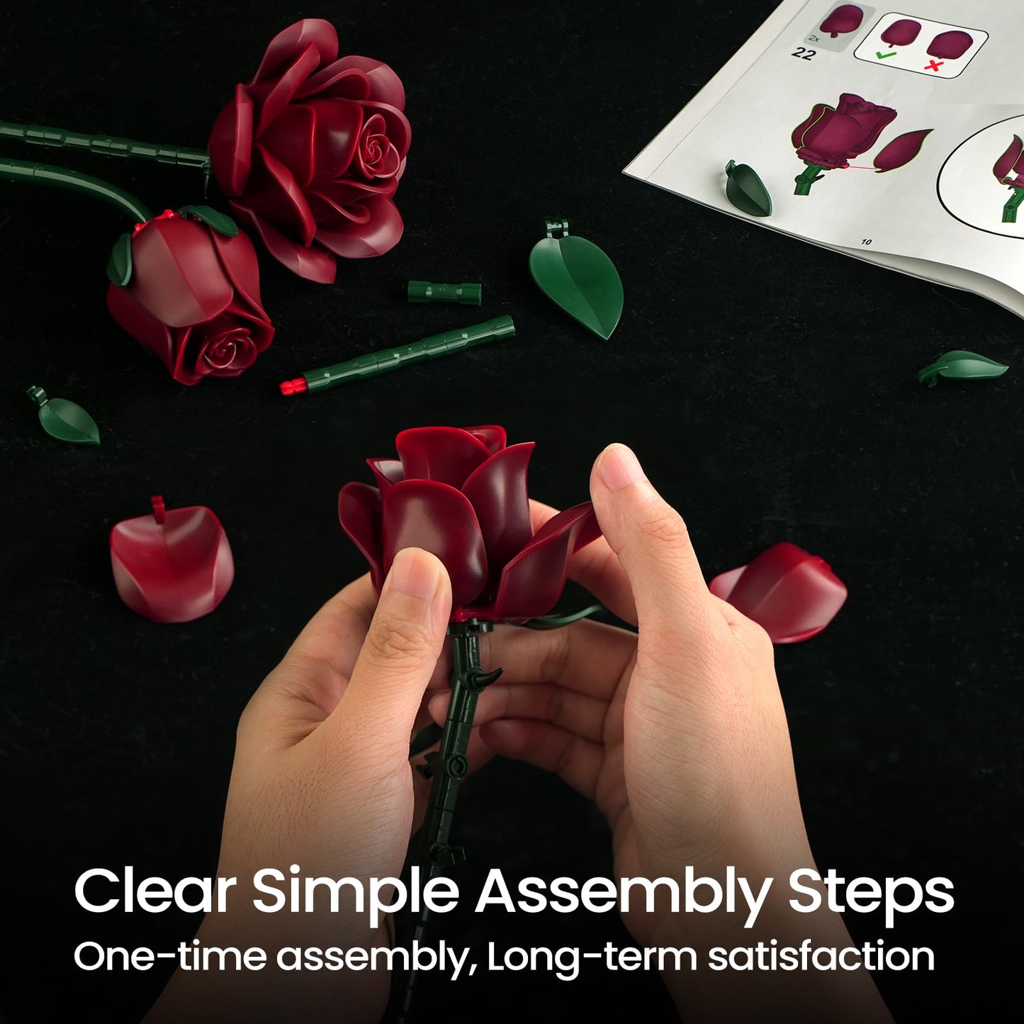 Botanicals Bouquet of Burgundy Red Rose Artificial Flowers Building Set,Compatible with Lego,Fake Flowers for Adults Women,Gift for Christmas Halloween Valentines Artificial Plant Gothic Home Decor