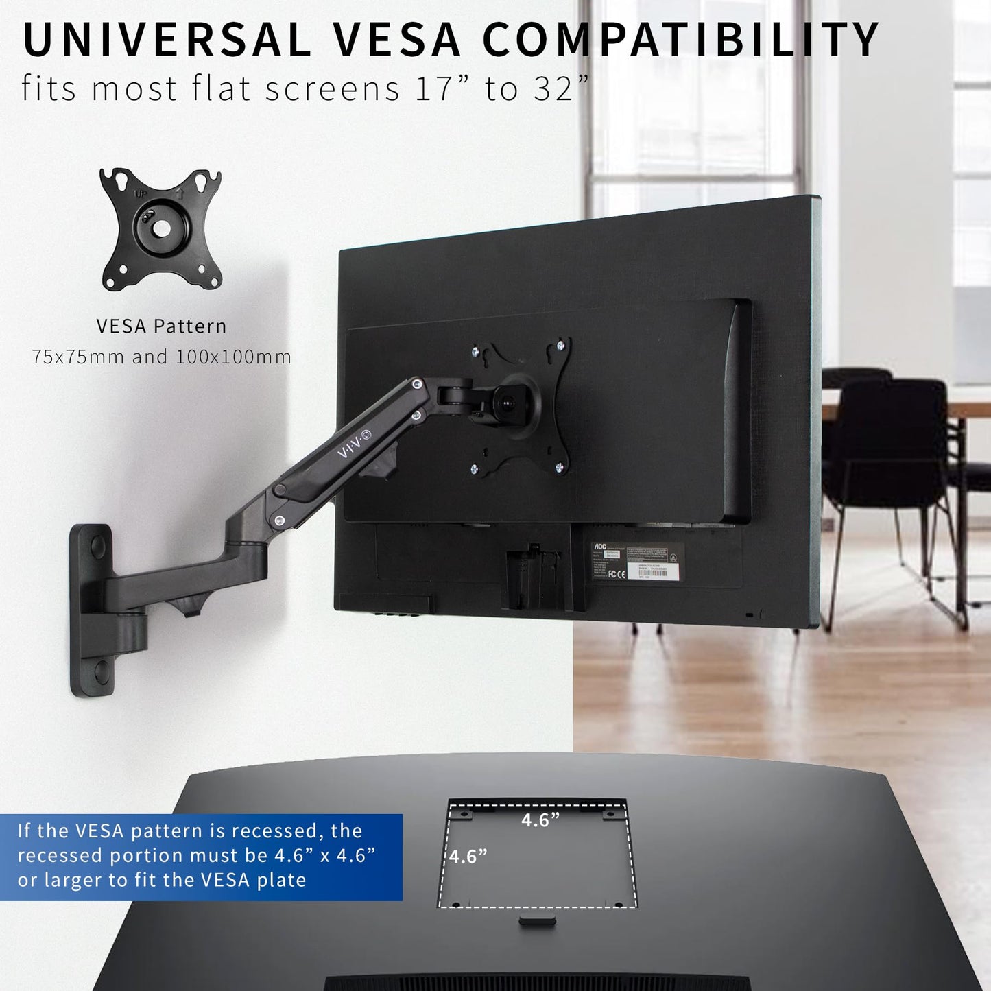 VIVO Premium Aluminum Single LCD Monitor Wall Mount, Height Adjustable Pneumatic Spring Monitor Arm for Screens up to 32 inches, MOUNT-G100B