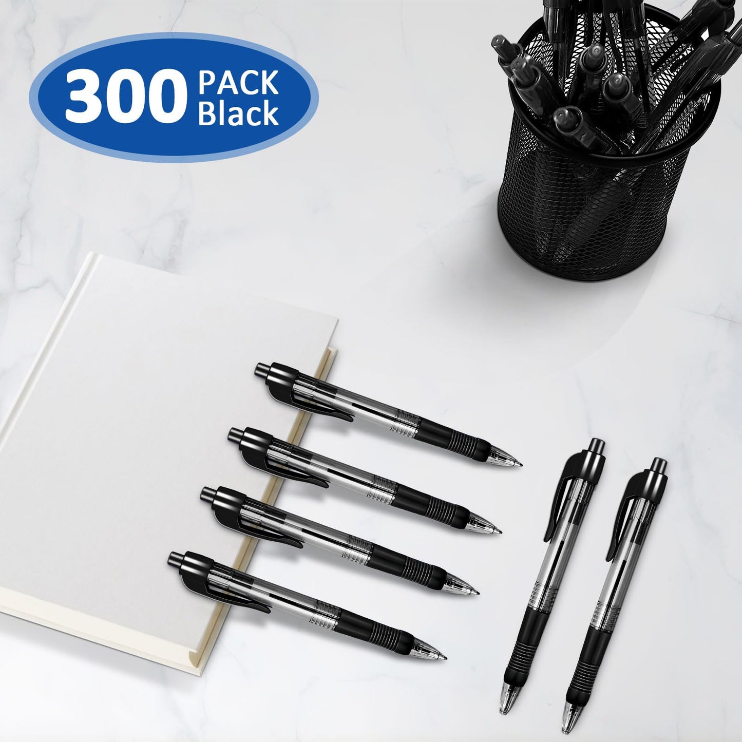 300 Pack Retractable Ballpoint Pens Bulk,1.0 mm Medium Point Click Pen Refillable Smooth Writing Rolling Ball Pens With Grip Ball Point Ink Pen for Journal Writing Office School Supplies(Black Ink)