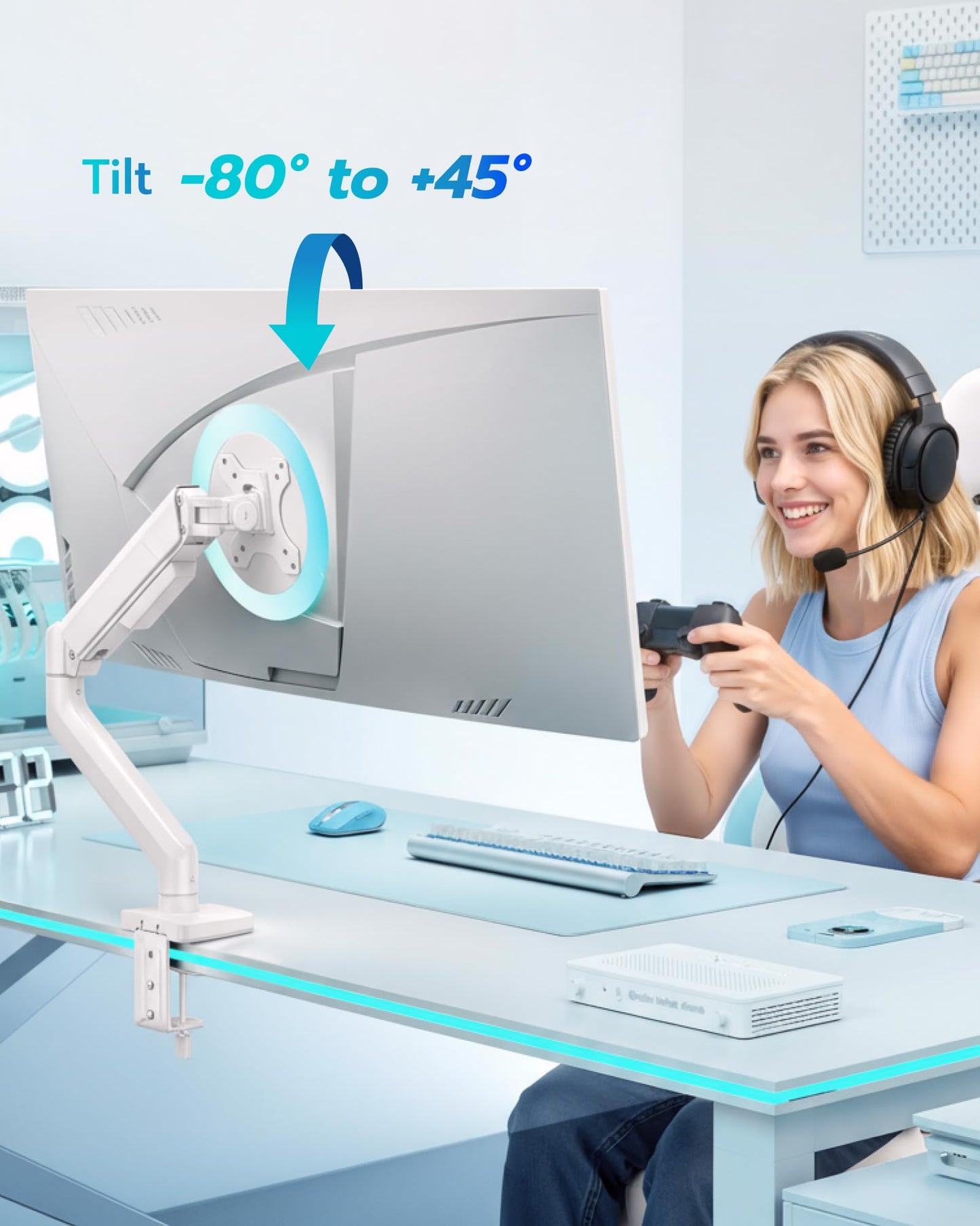 ARES WING Heavy Duty Single Monitor Arm - Fully Adjustable Monitor Mount for 17"-40" Ultrawide Screens up to 26.4 lbs with Clamp/Grommet Desk Mount, 75/100 Vesa Mount, White