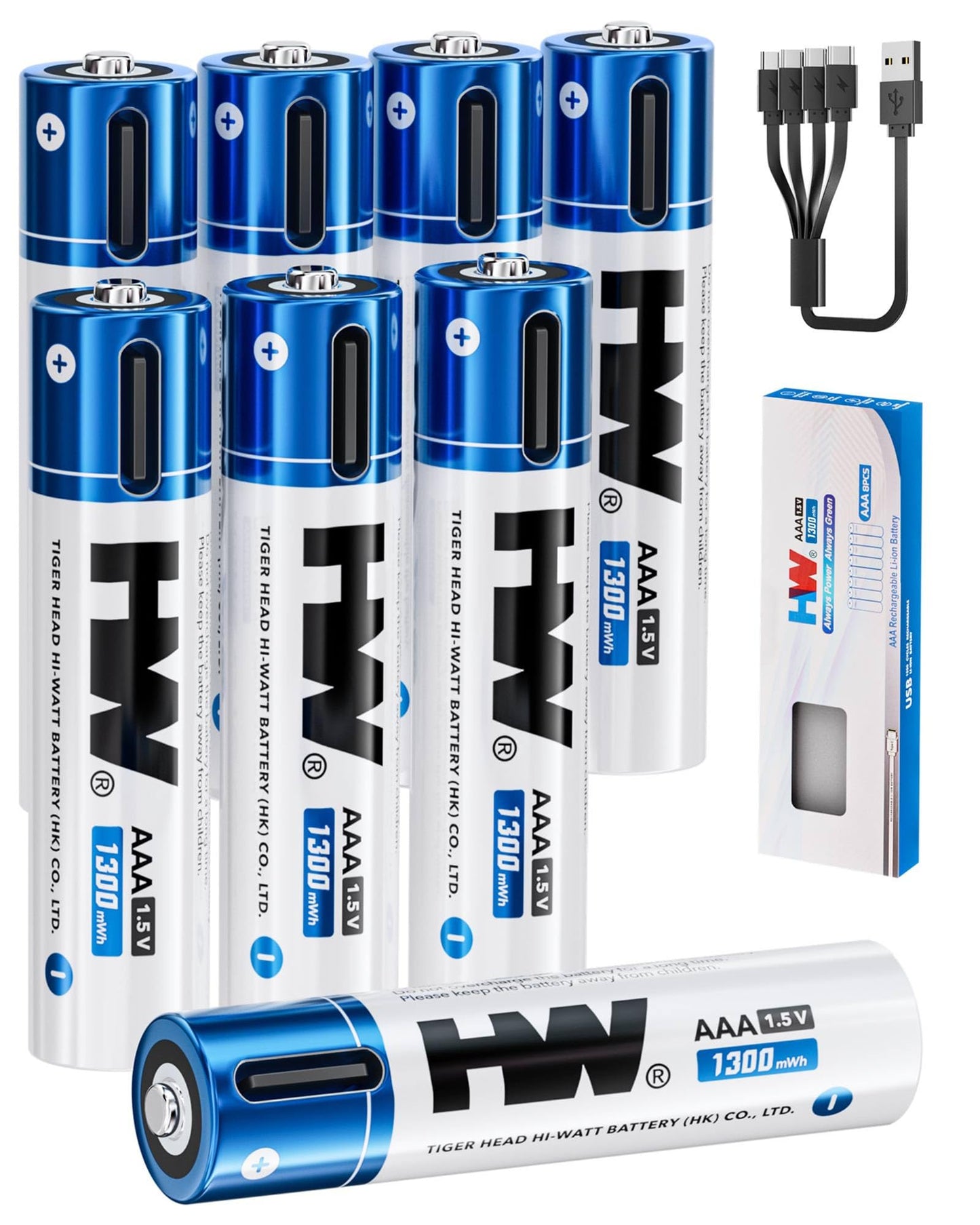 HW Rechargeable Lithium Batteries AAA, [8 Packs, 1300mWh] 1.5V Triple A Battery 1.5h Fast Charging with USB C Port, Pile aaa Over 1000 Cycles for Wireless Mice & Keyboards and Home Healthcare Devices.