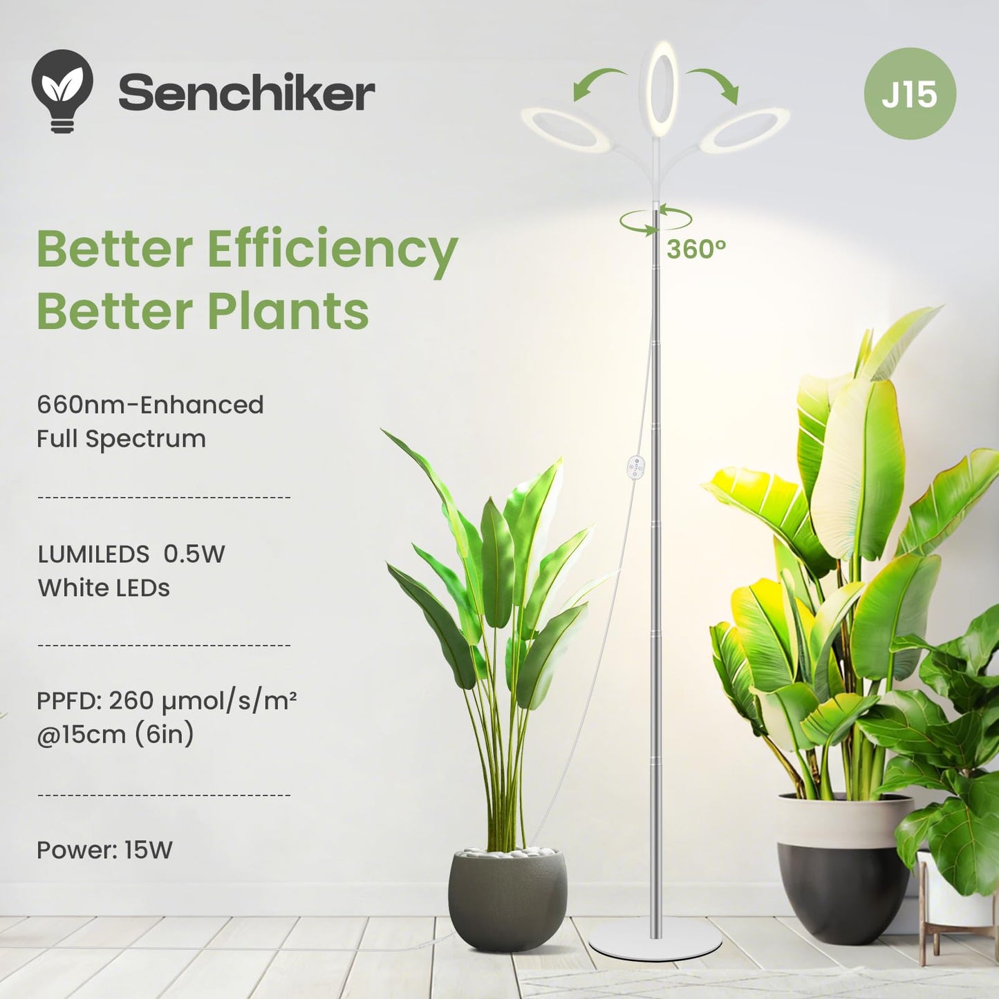Grow Lights for Indoor Plants 24V, 660nm-Enhanced Full Spectrum, LUMILEDS LED Plant Light, 6.3in Grow lamp with Timer & Dimming, Adjustable Height 14-59in, 7.9in Base, 15W, 260μmol/s/m²@15cm(6in)