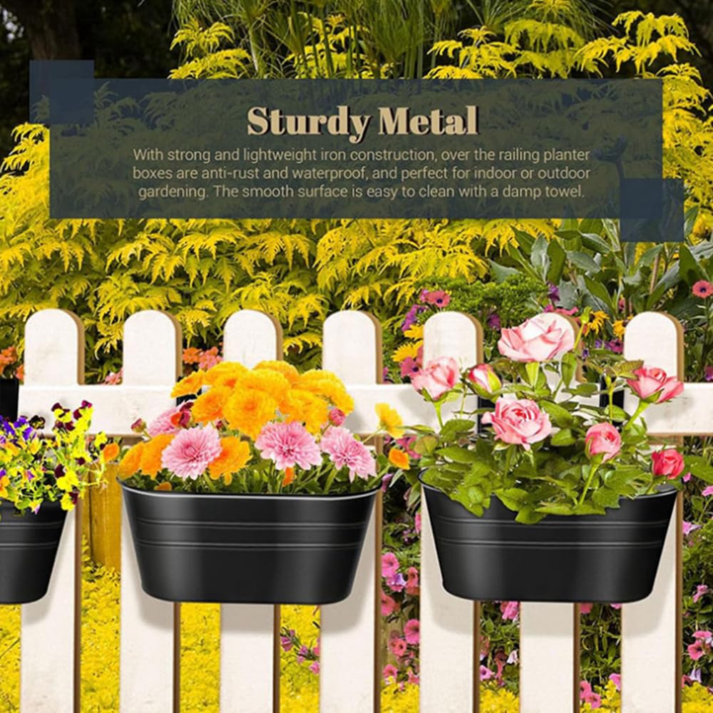 6 Pack Metal Iron Hanging Flower Pots Metal Hanging Planters with Hooks Oval Railing Fence Hanging Bucket Pots Wall Mounted Garden Bucket Flower Holders Window Flower Plant Holder