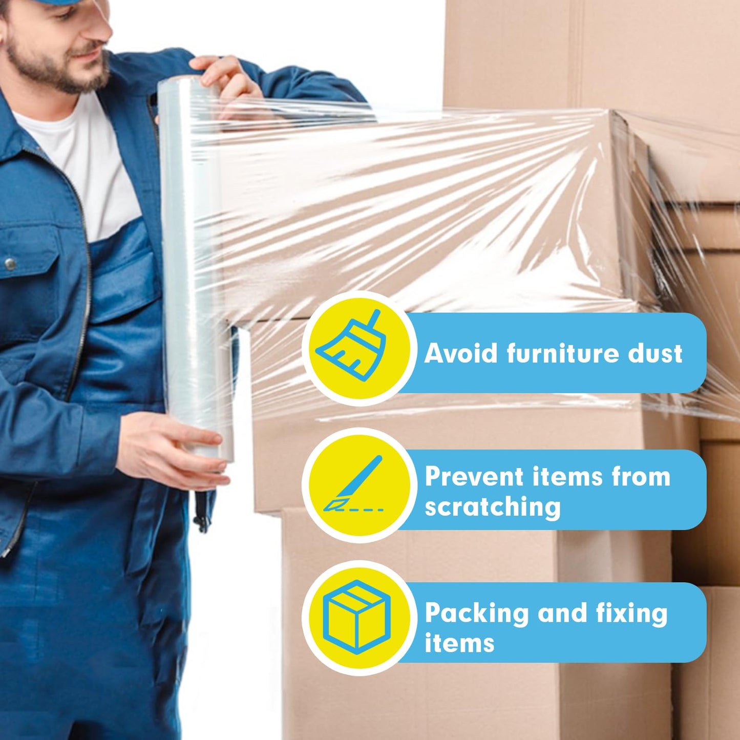 PANDRI Stretch Film, 15" x 1200 Ft per Roll Stretch Wrap Clear Shrink Wrap with Handles, Plastic Wrap for Moving Pallet Wrap, 4 Pack, 60 Gauge, 2 Handles
