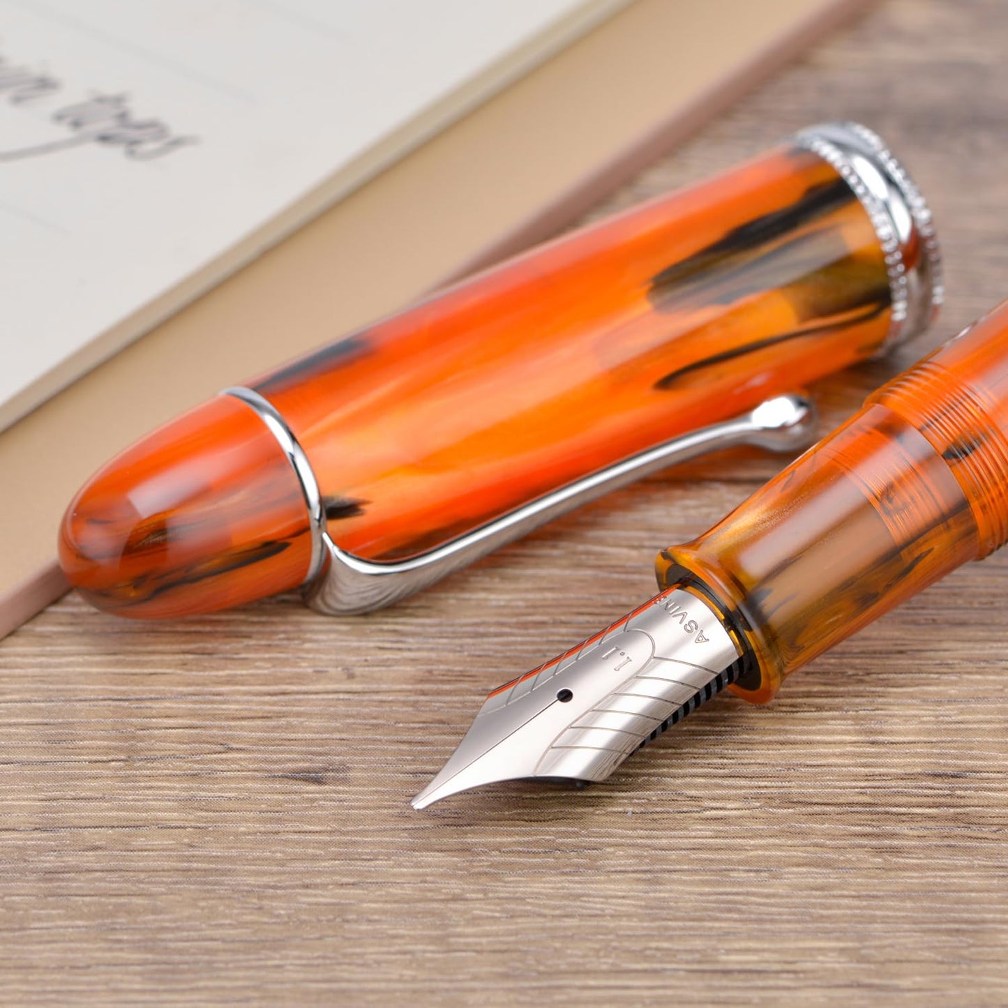 Asvine V800 Fountain Pen, Vacuum Filling System with Large Ink Capacity, Number 8 Nib, 1.1mm Nib, Calligraphy Art Drawing with Key, Amber